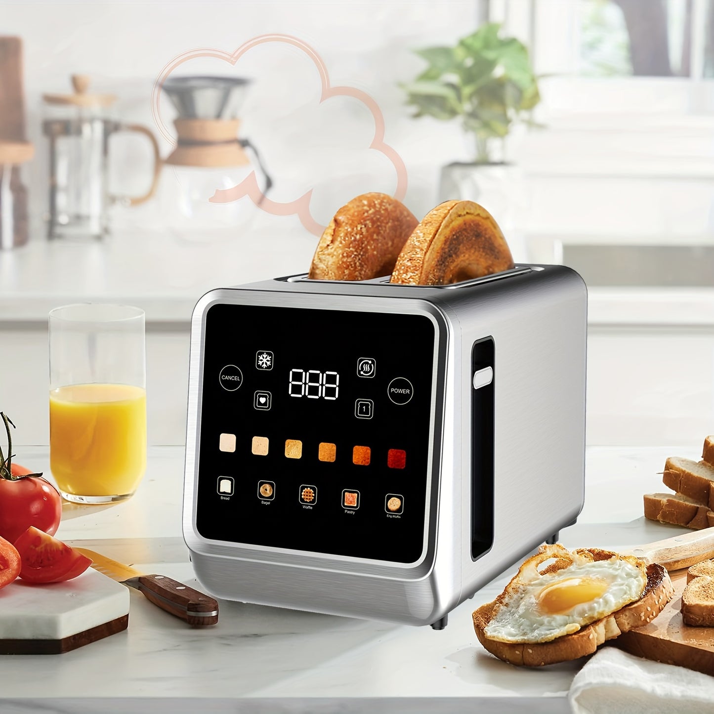2 Slice Stainless Steel Smart Toaster With LCD Display Extra Wide Slots 6 Bread Types Defrost Memory Toasting Timer