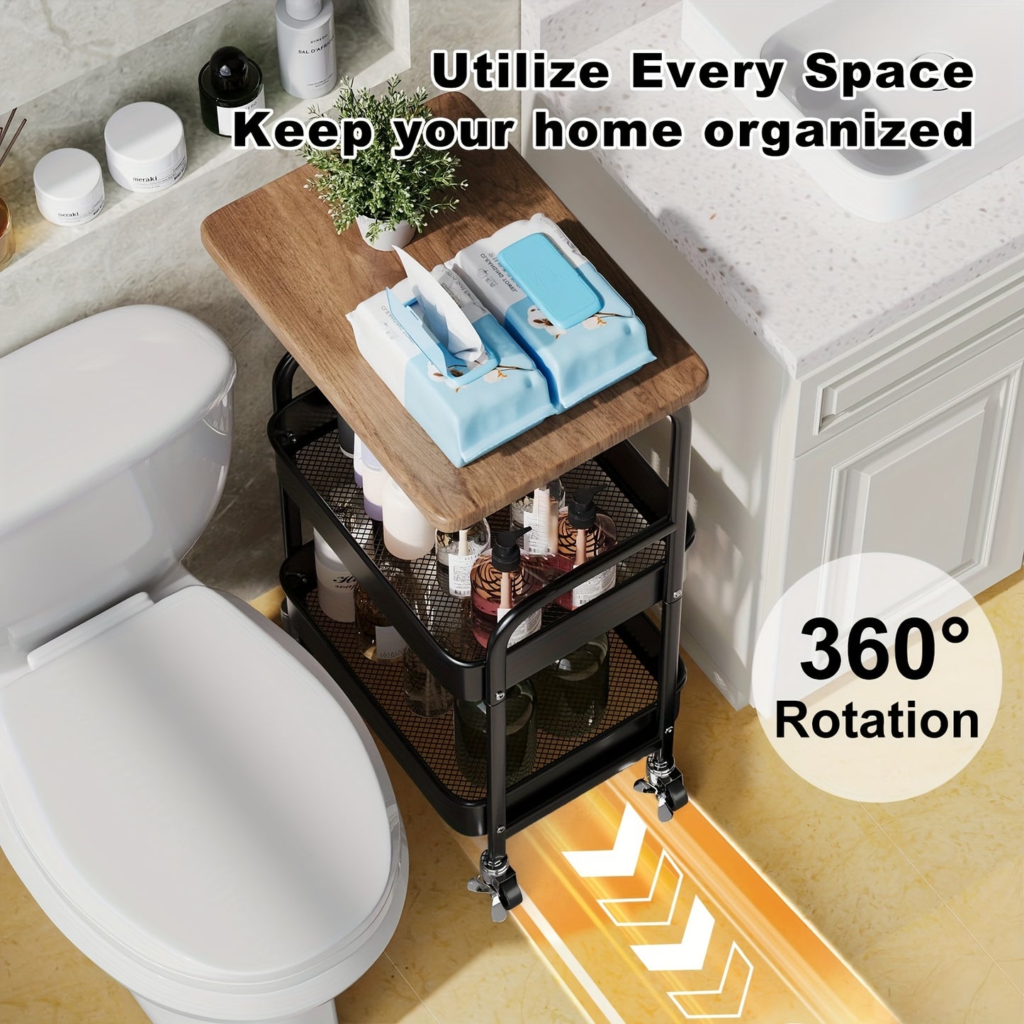 Rolling Cart With Wooden Table Top 3 Tier Metal Utility Cart Locking Wheels Printer Stand Kitchen Office Bedroom