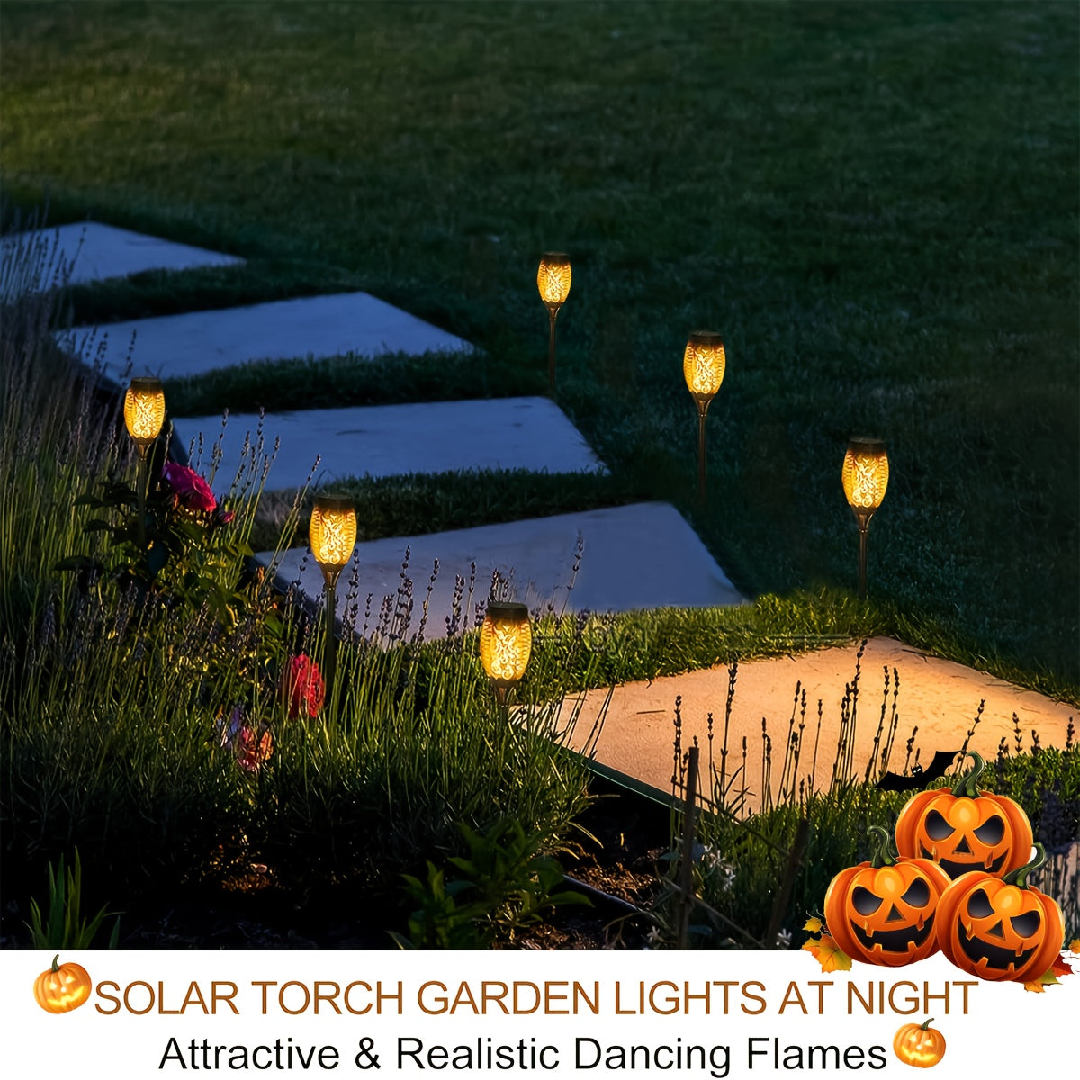 8 Pack Solar Torch Lights Outdoor Waterproof Flickering Flame Tiki Garden Pathway Realistic Fire Effect Auto On Off