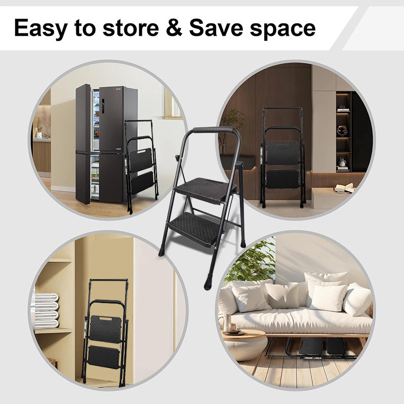 Heavy Duty 800lb Folding Step Ladder With Storage Shelf And Wide Non Slip Treads 2 To 4 Step Steel Ladder Black