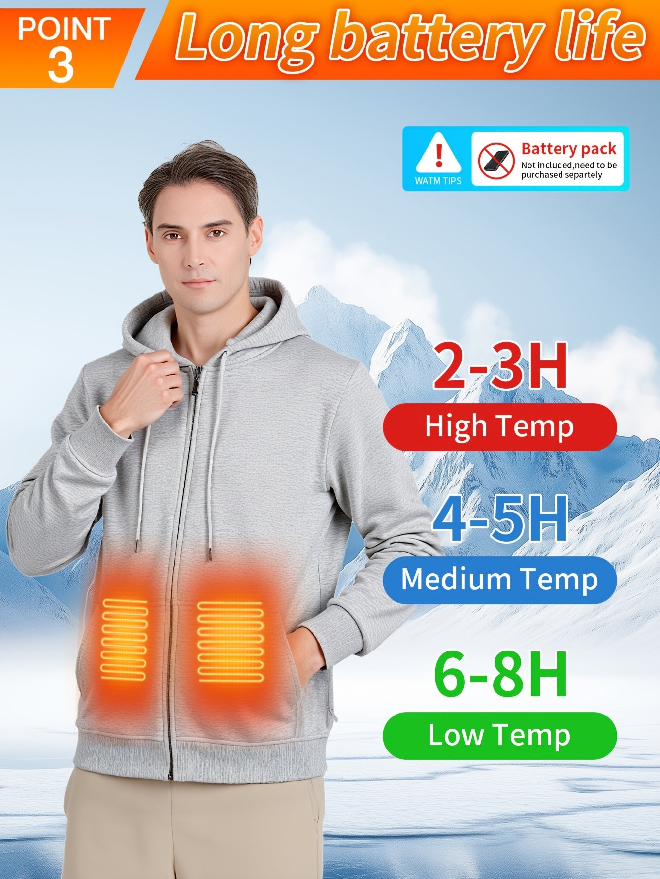Powered Heated Jacket Full Zip Hooded Winter Coat For Outdoor Activities Running Skiing Machine Washable