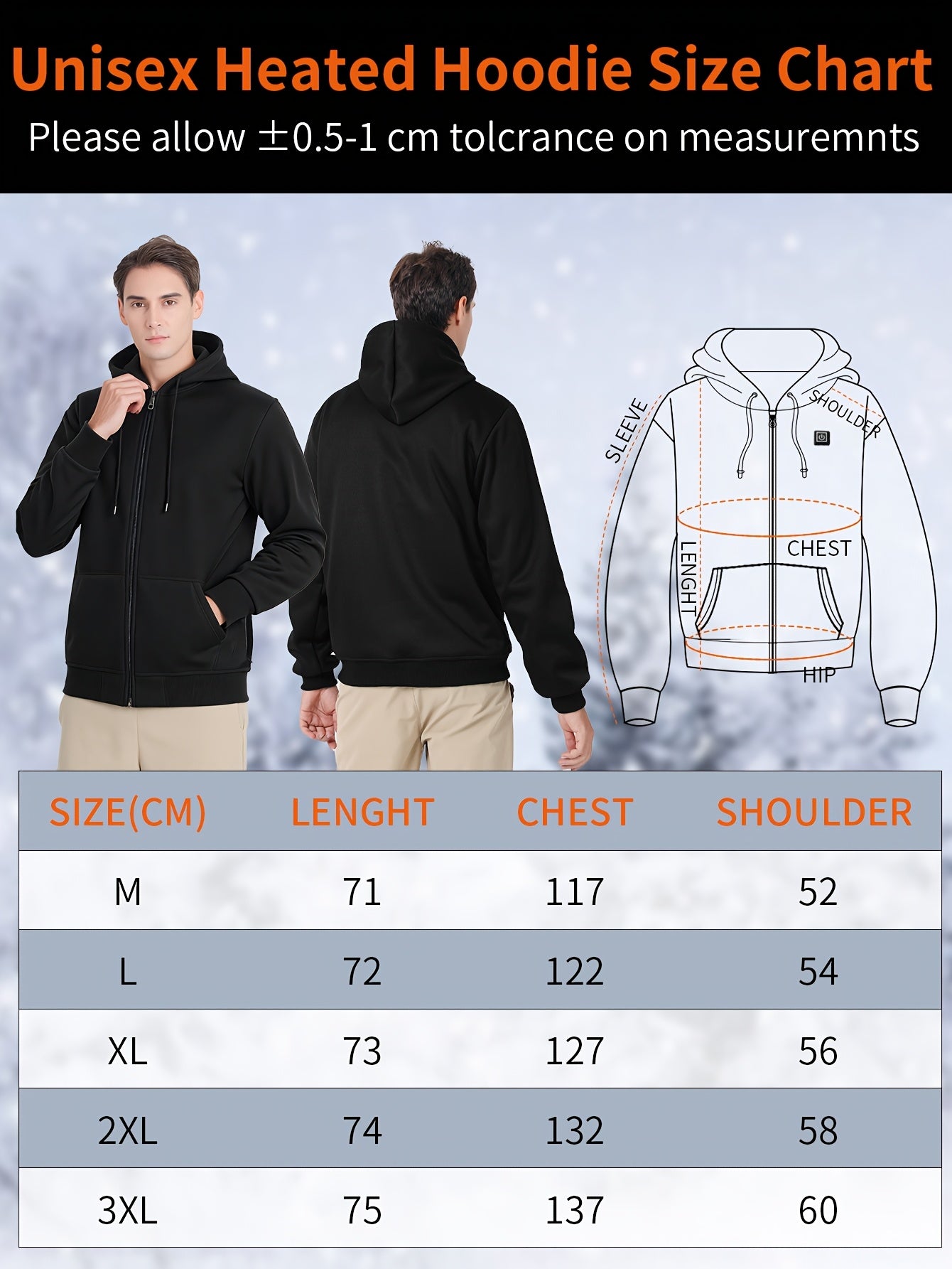 Powered Heated Jacket Full Zip Hooded Winter Coat For Outdoor Activities Running Skiing Machine Washable