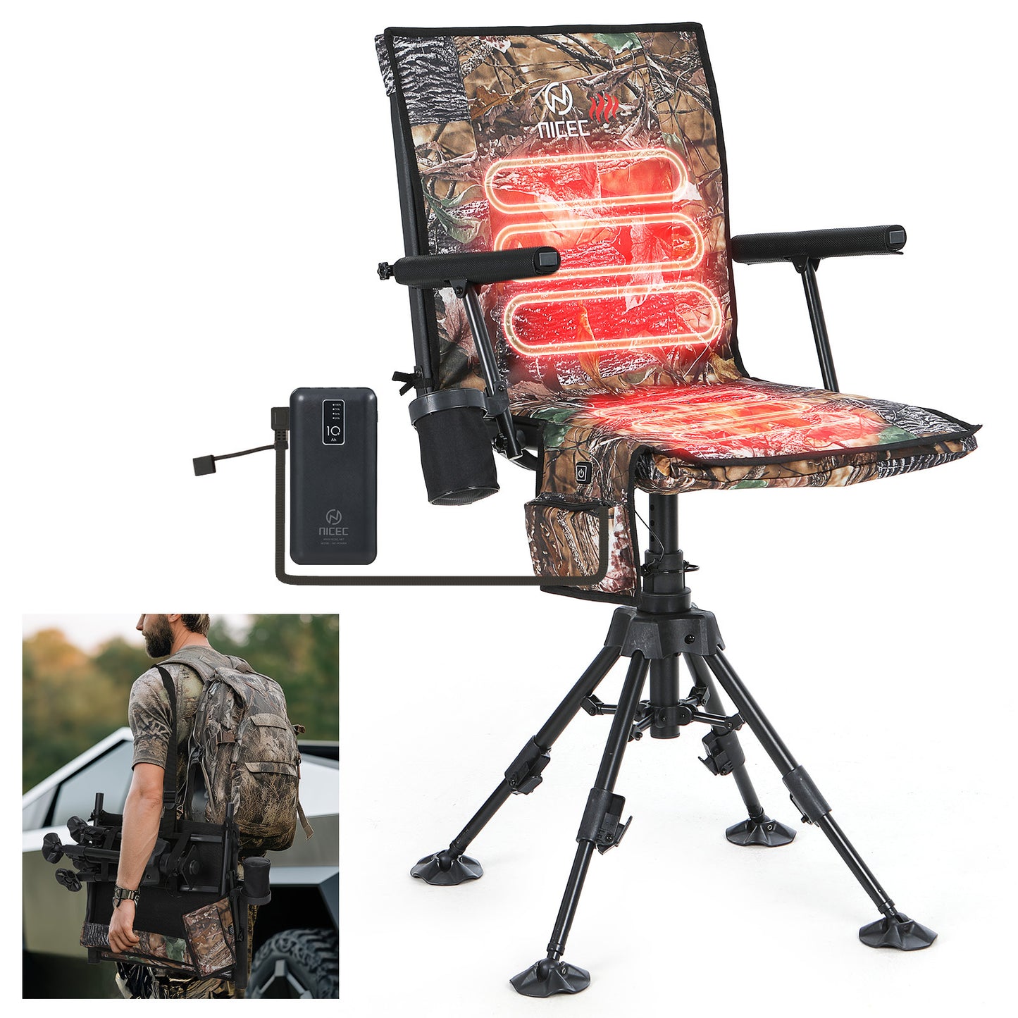 Heated 360 Swivel Hunting Blind Chair Adjustable 4 Leg Height Battery Included