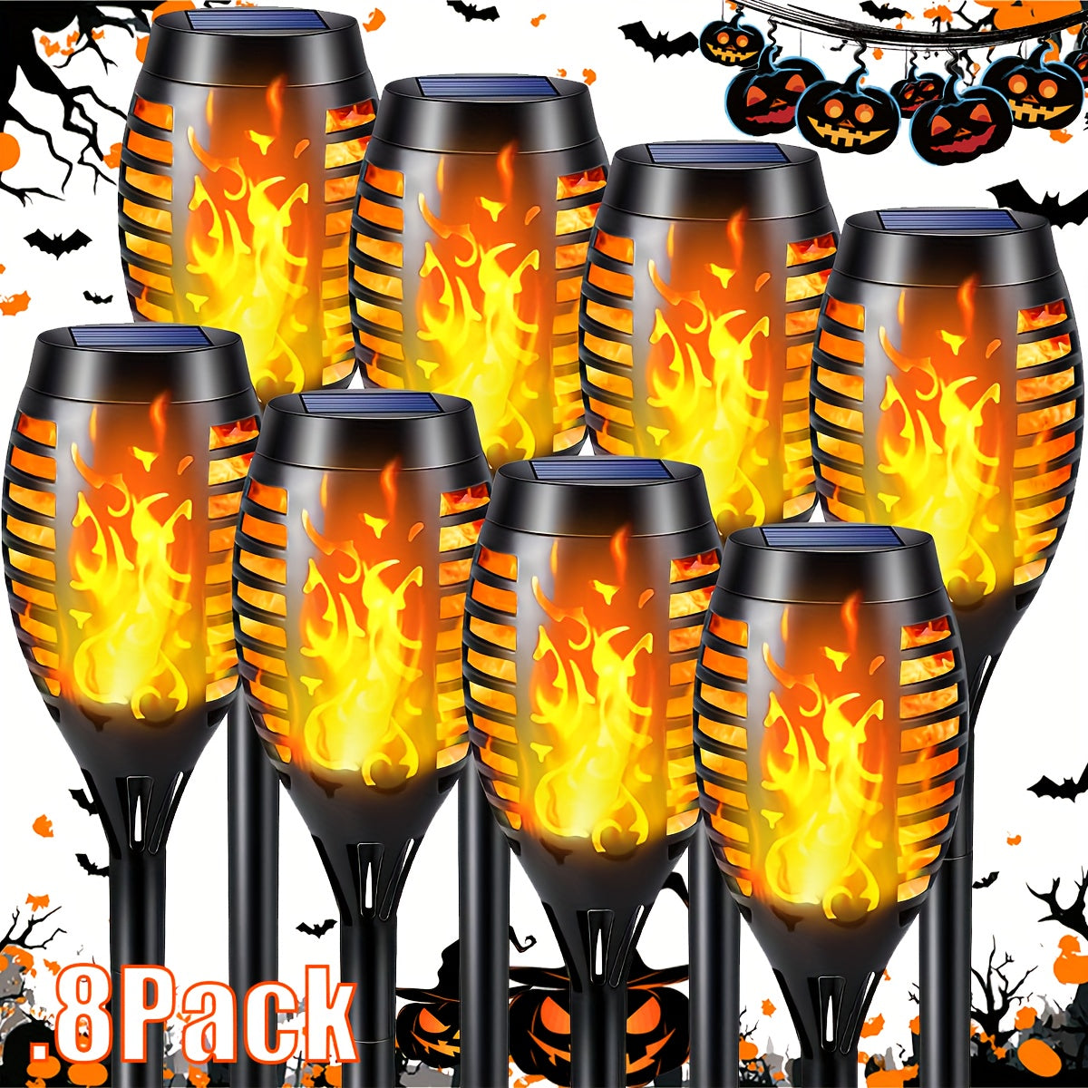 8 Pack Solar Torch Lights Outdoor Waterproof Flickering Flame Tiki Garden Pathway Realistic Fire Effect Auto On Off