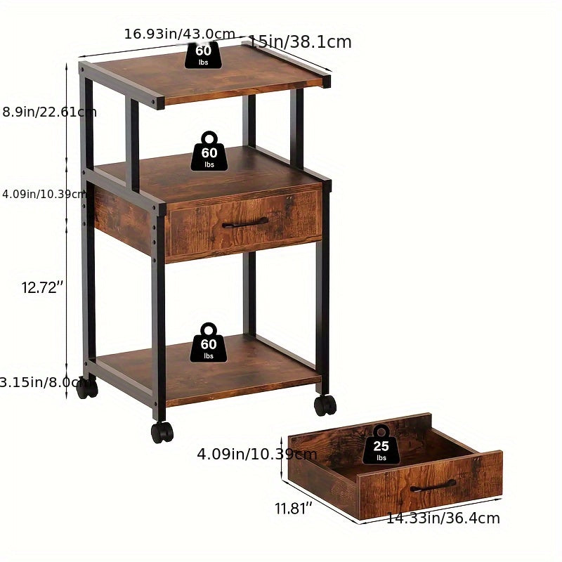 Sturdy 3 Tier Rolling Printer Stand With Storage Drawer Recycled Wood And Metal Frame Mobile Printer Cart With Wheels
