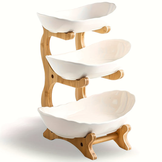 White 3 Tier Fruit Plate Bowl With Bamboo Wood Stand Large Capacity Candy Dish Decor Tray Rack For Party And Wedding