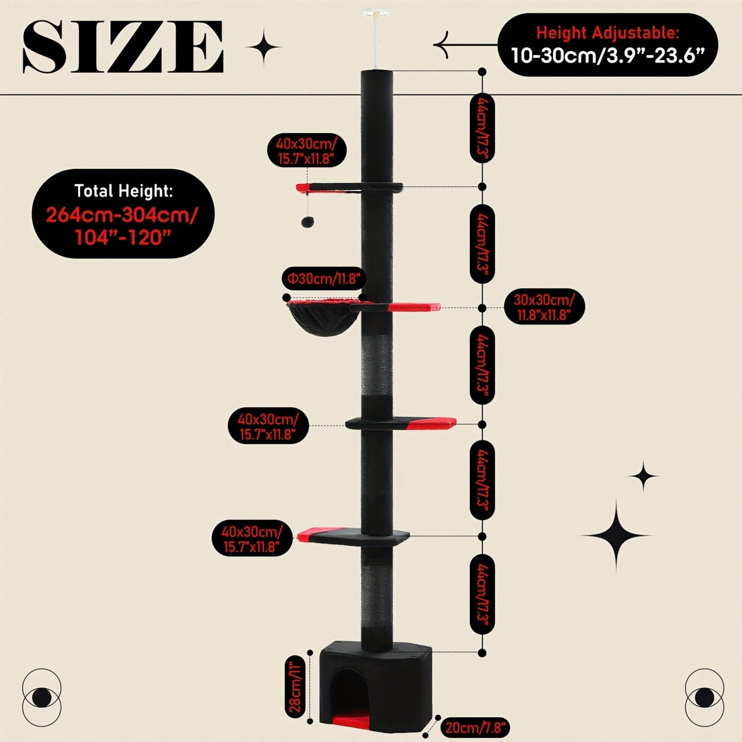 Floor To Ceiling Cat Tree Tower 4 Tier Adjustable Height 90 To 107 Inches Gray Black Khaki