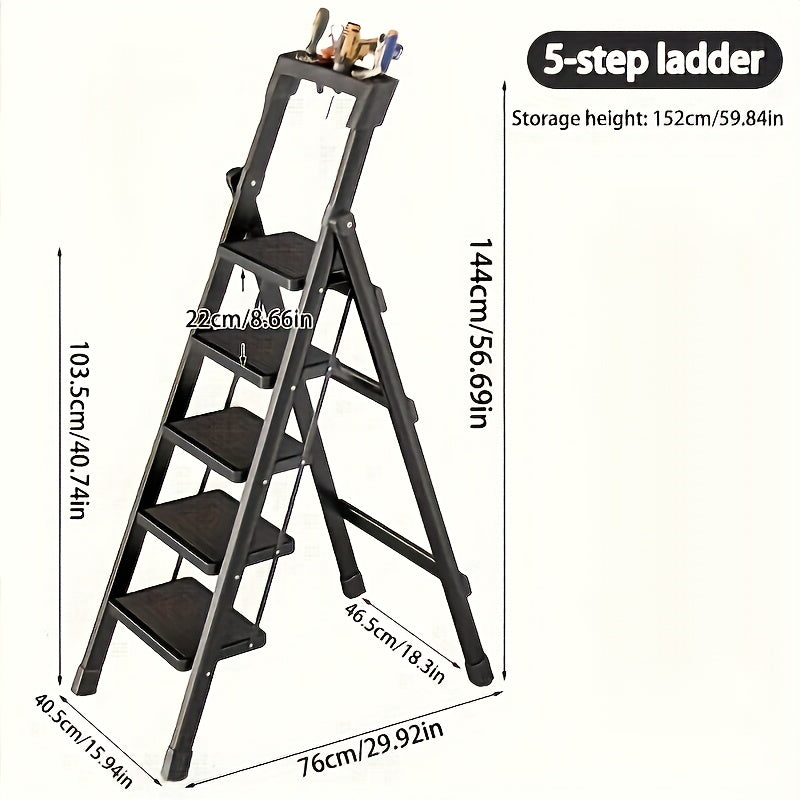 Five Step Folding Metal Ladder With Handrails Portable Safety Footstool For Home And Office Use Black Anti Slip Pads