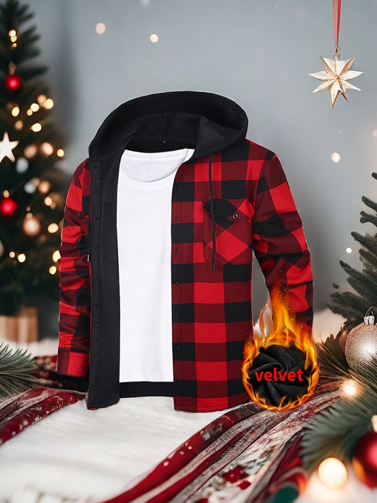 Mens Hooded Plaid Shirt Jacket Winter Thickened Coat