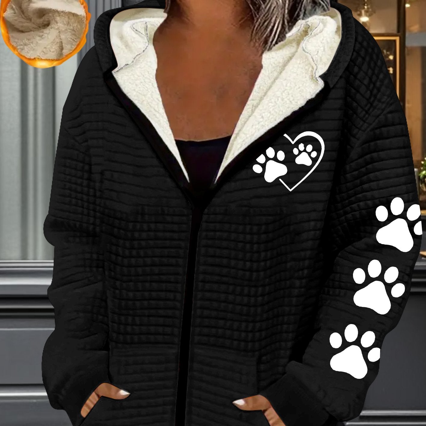 Womens Thermal Full Zip Hooded Jacket Paw Print Pattern