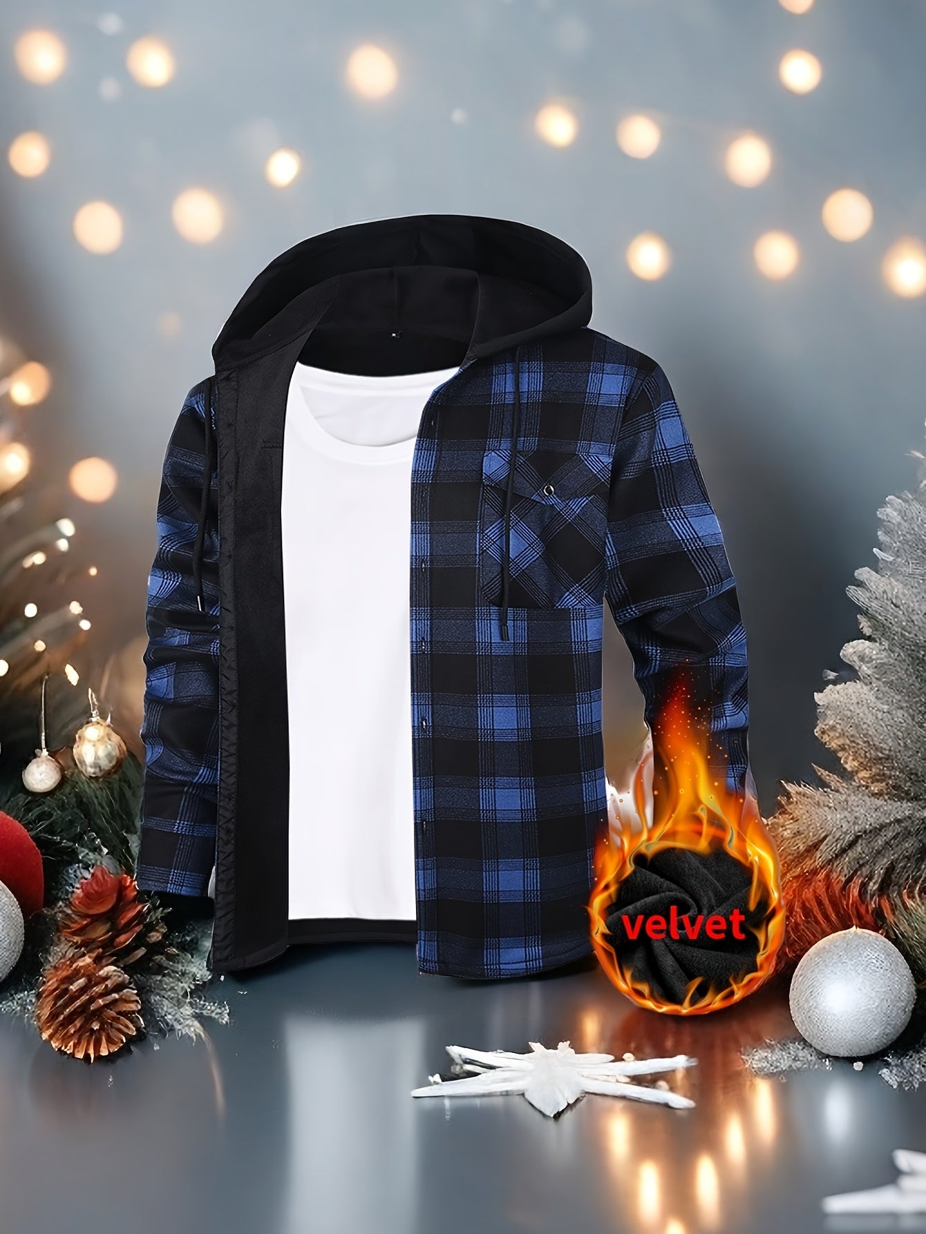 Mens Hooded Plaid Shirt Jacket Winter Thickened Coat
