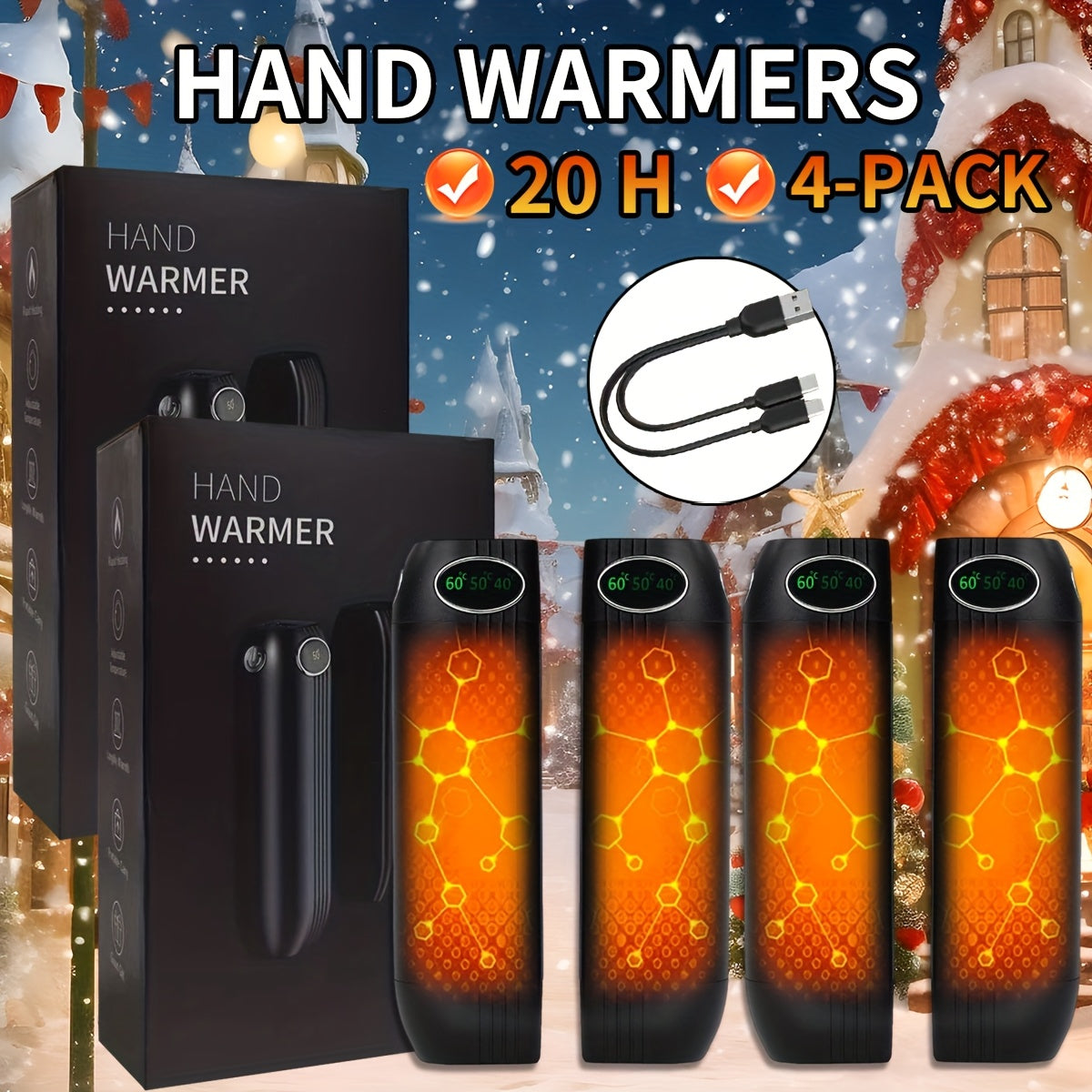 4 Pack Rechargeable Hand Warmers 5000mAh USB Powered 40H Runtime 3 Heat Settings Heating Pads For Outdoor Activities