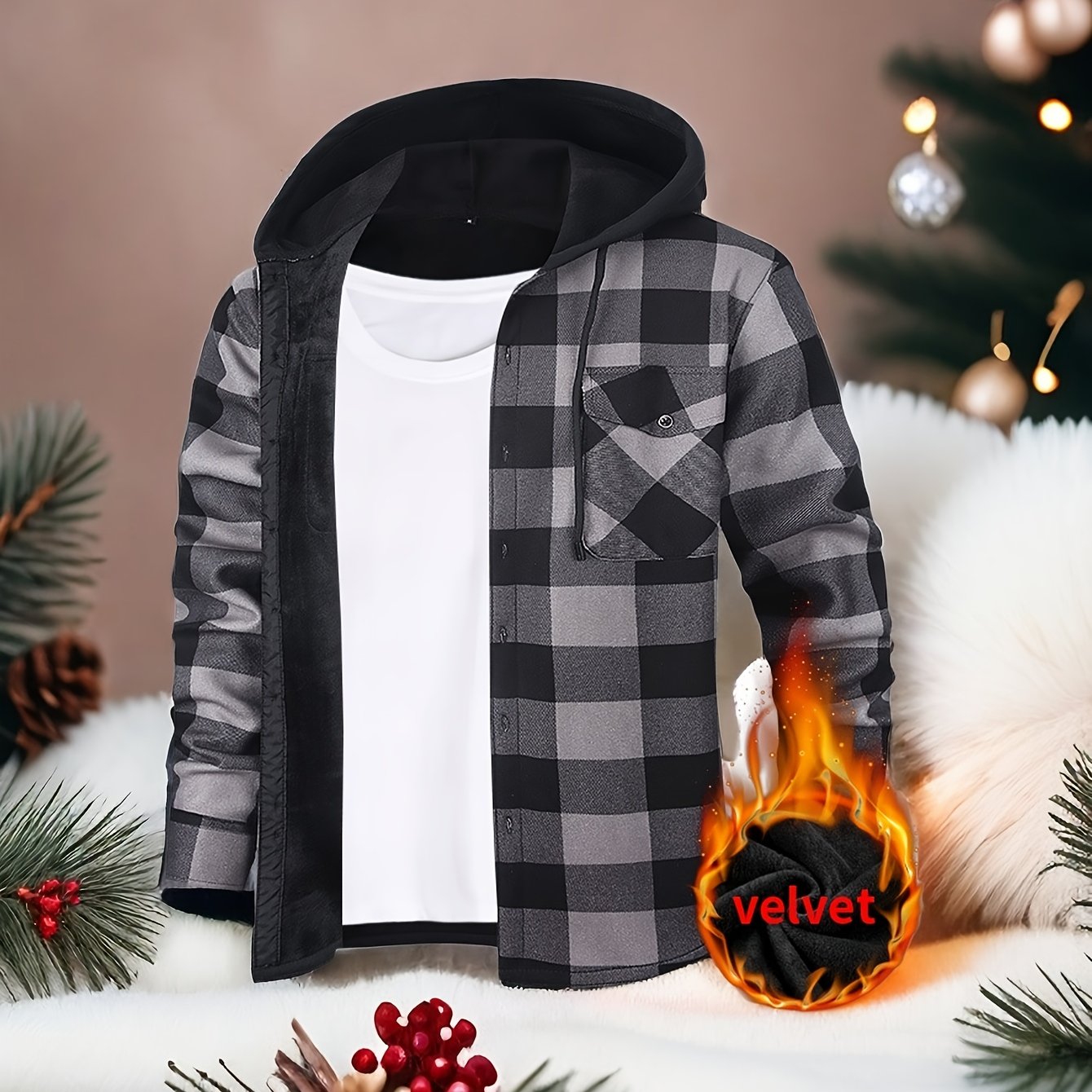 Mens Hooded Plaid Shirt Jacket Winter Thickened Coat