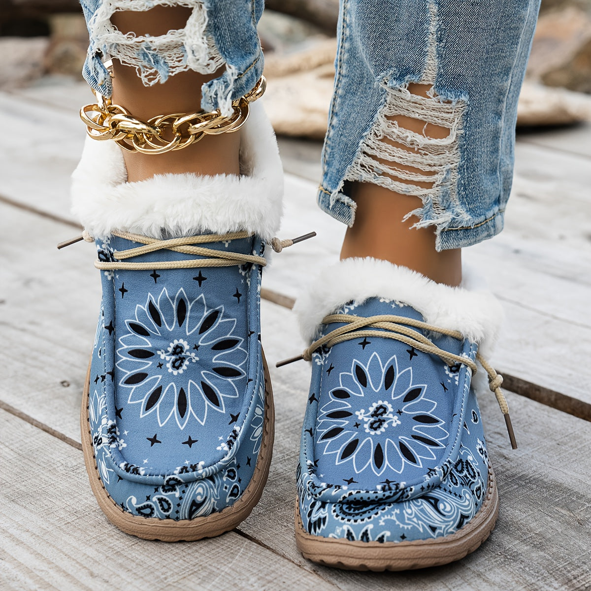 Elegant Floral Slip On Loafers For Women Blue White Comfort