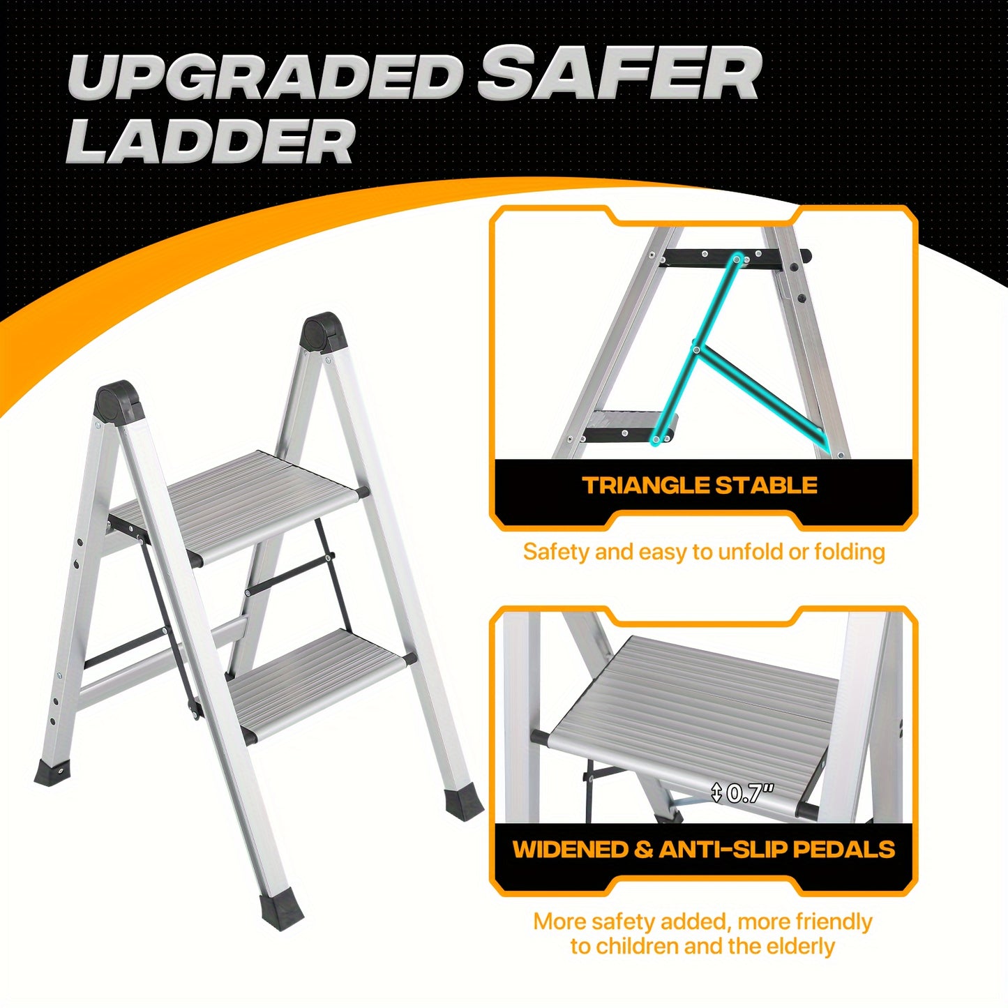 MoNiBloom Portable 2 Step Ladder Folding Stool Wide Platform Non Slip Feet 330 Lbs Capacity For Home Kitchen Silvery