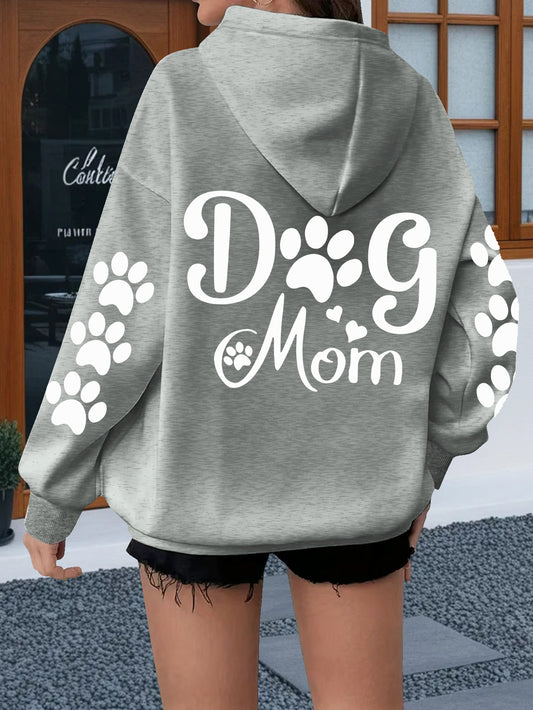 Women Dog Mom Hoodie With Paw Print And Bone Lettering