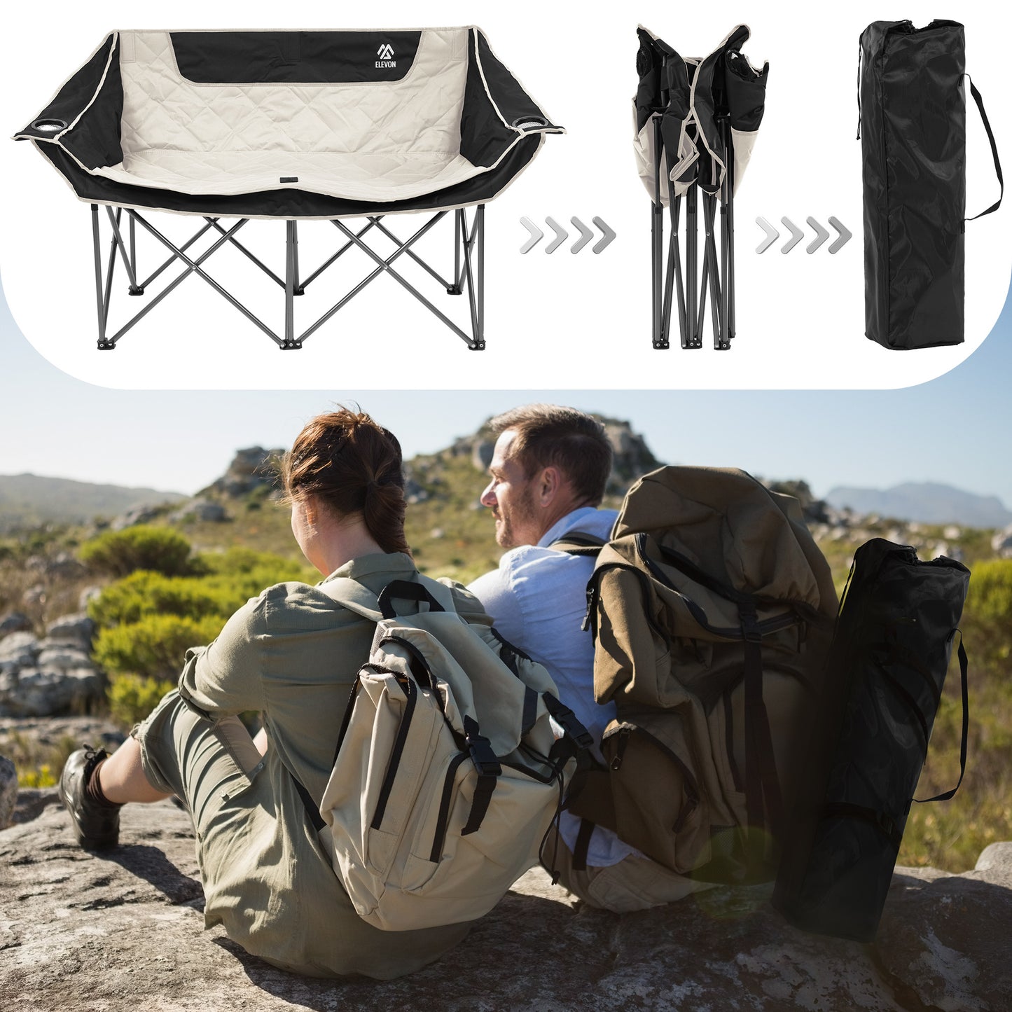 FITVIDS 2 Person Camping Chair Heavy Duty Outdoor Chair With Cup Holders Carry Bag Portable Collapsible Beach Picnics