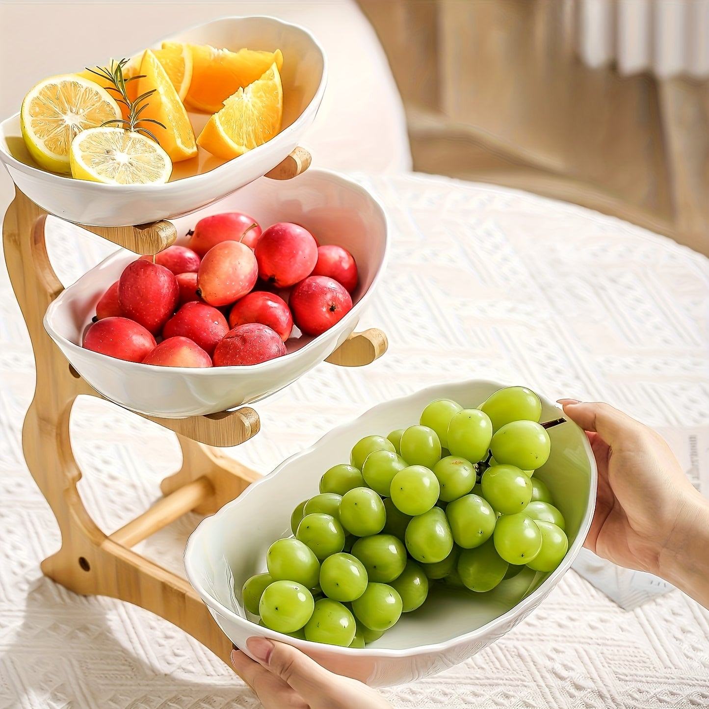 White 3 Tier Fruit Plate Bowl With Bamboo Wood Stand Large Capacity Candy Dish Decor Tray Rack For Party And Wedding