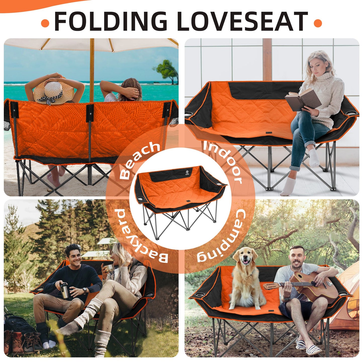 FITVIDS 2 Person Camping Chair Heavy Duty Outdoor Chair With Cup Holders Carry Bag Portable Collapsible Beach Picnics