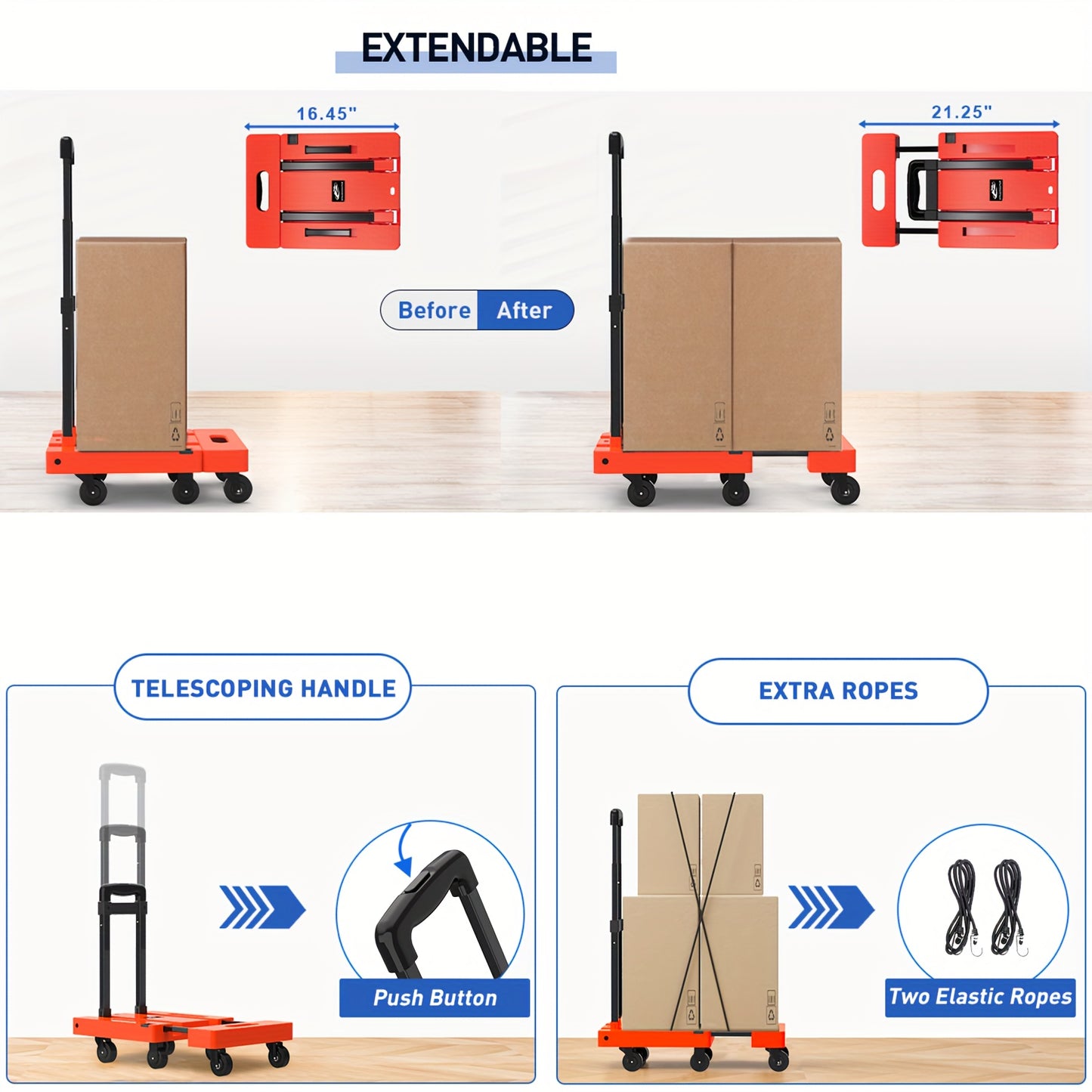 Solejazz Folding Hand Truck 500 Pounds Heavy Duty Luggage Cart With 6 Wheels And 2 Elastic Ropes Black