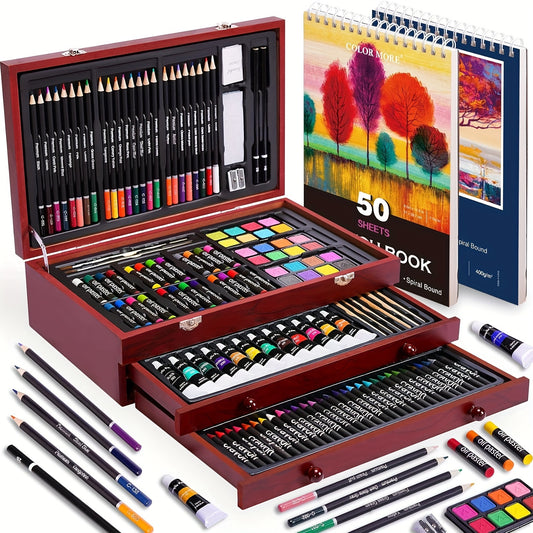 175 Piece Deluxe Art Set Wooden Case With Drawing Pads Acrylic Paints And Colored Pencils