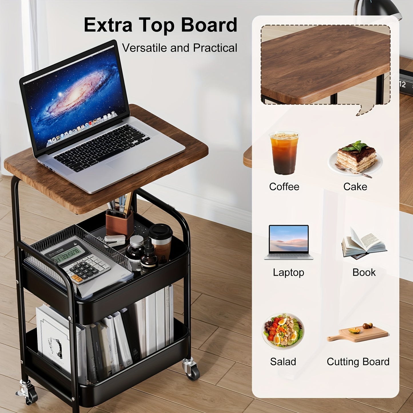 Rolling Cart With Wooden Table Top 3 Tier Metal Utility Cart Locking Wheels Printer Stand Kitchen Office Bedroom