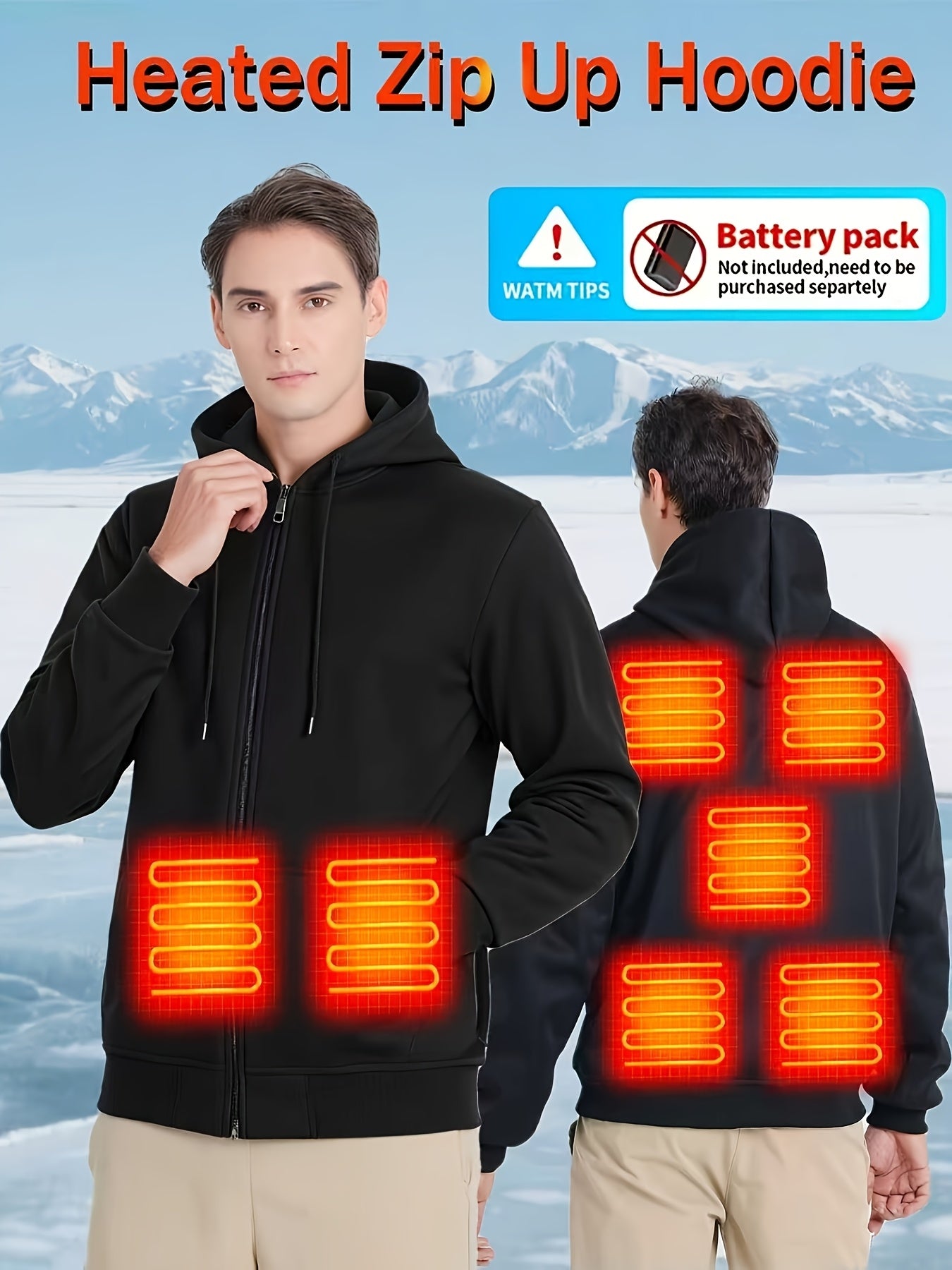 Powered Heated Jacket Full Zip Hooded Winter Coat For Outdoor Activities Running Skiing Machine Washable