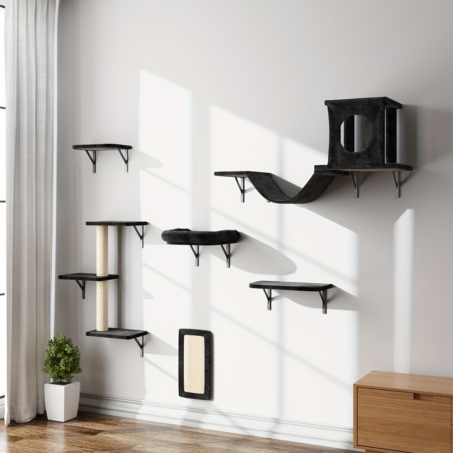 6 Pcs Deluxe Wall Mounted Cat Climbing Shelf Multi Level