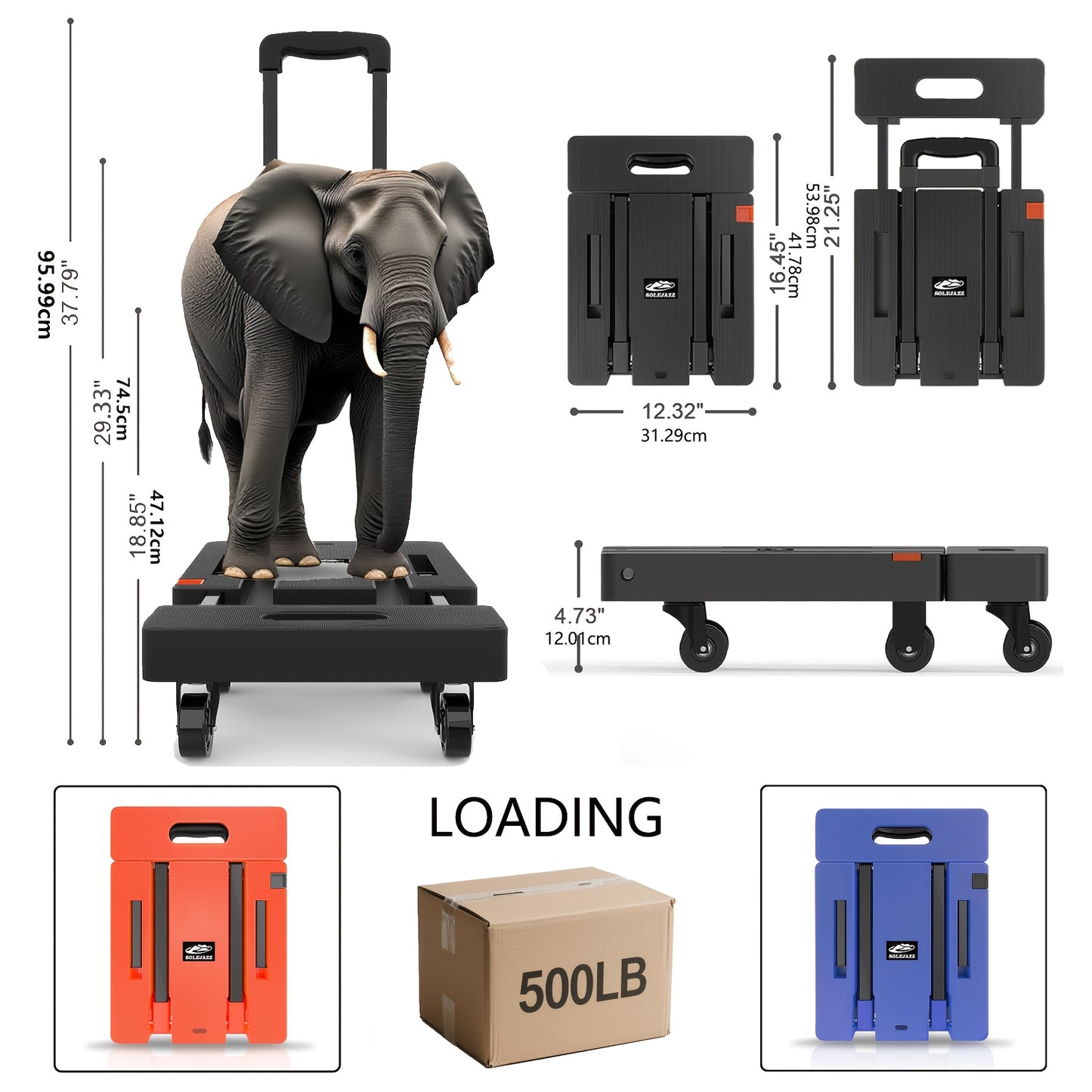 Solejazz Folding Hand Truck 500 Pounds Heavy Duty Luggage Cart With 6 Wheels And 2 Elastic Ropes Black