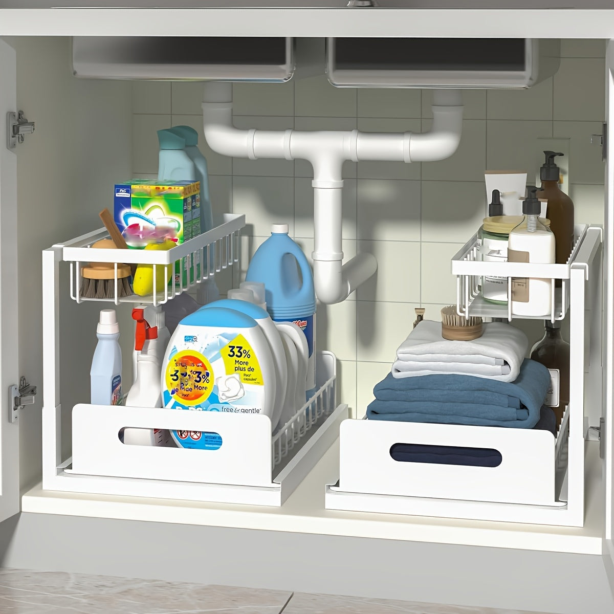 Two Level Under Sink Organizers With Sliding Pull Out Shelf Made Of Metal For Kitchen Bathroom Pantry And Closet