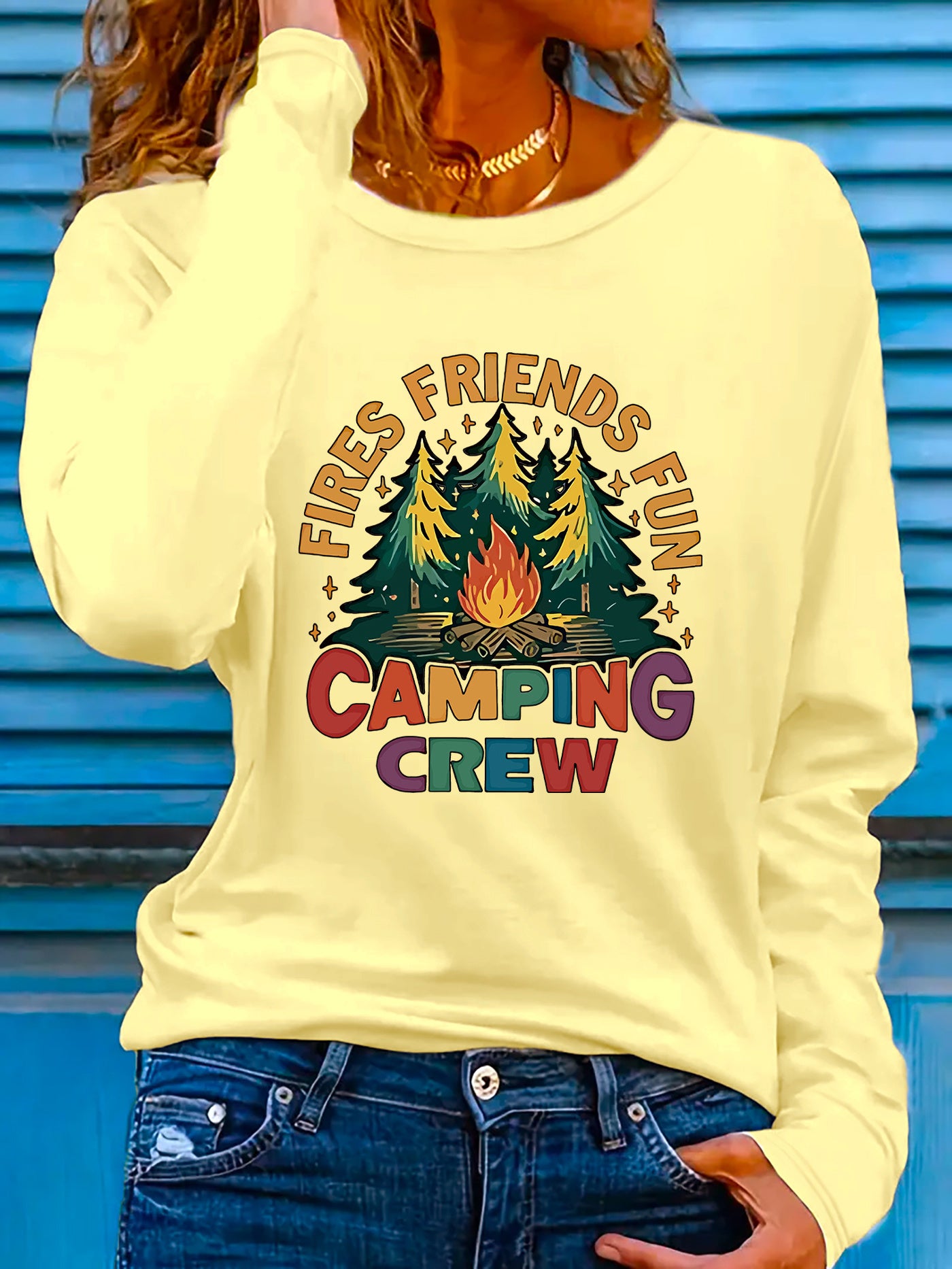 Women's Graphic Long Sleeve Gray Campfire Pine Tee Shirt