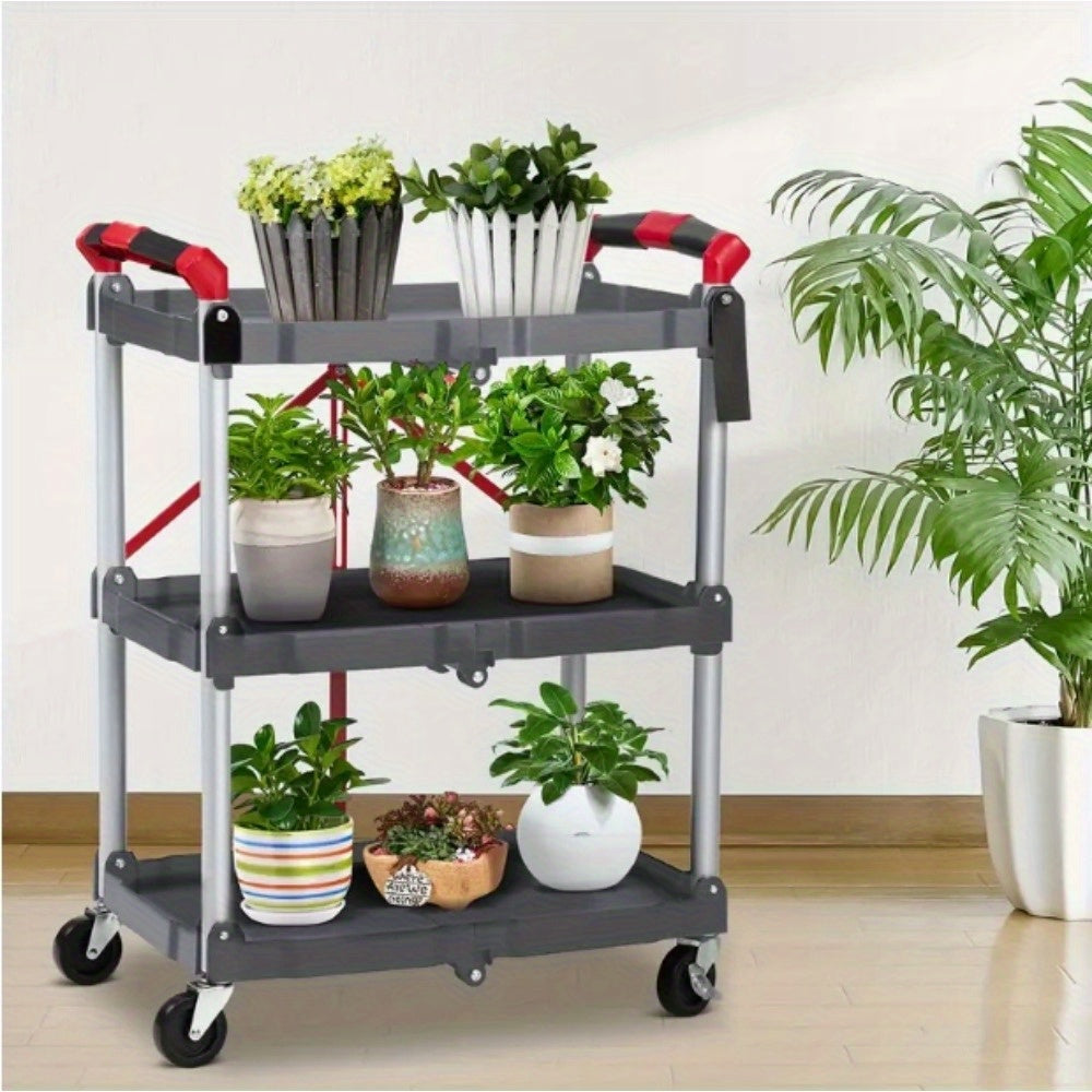 Heavy Duty 3 Tier Folding Wheeled Cart With 56 Lbs Load Per Shelf Sturdy Metal Service Cart 4 Wheel Mobility