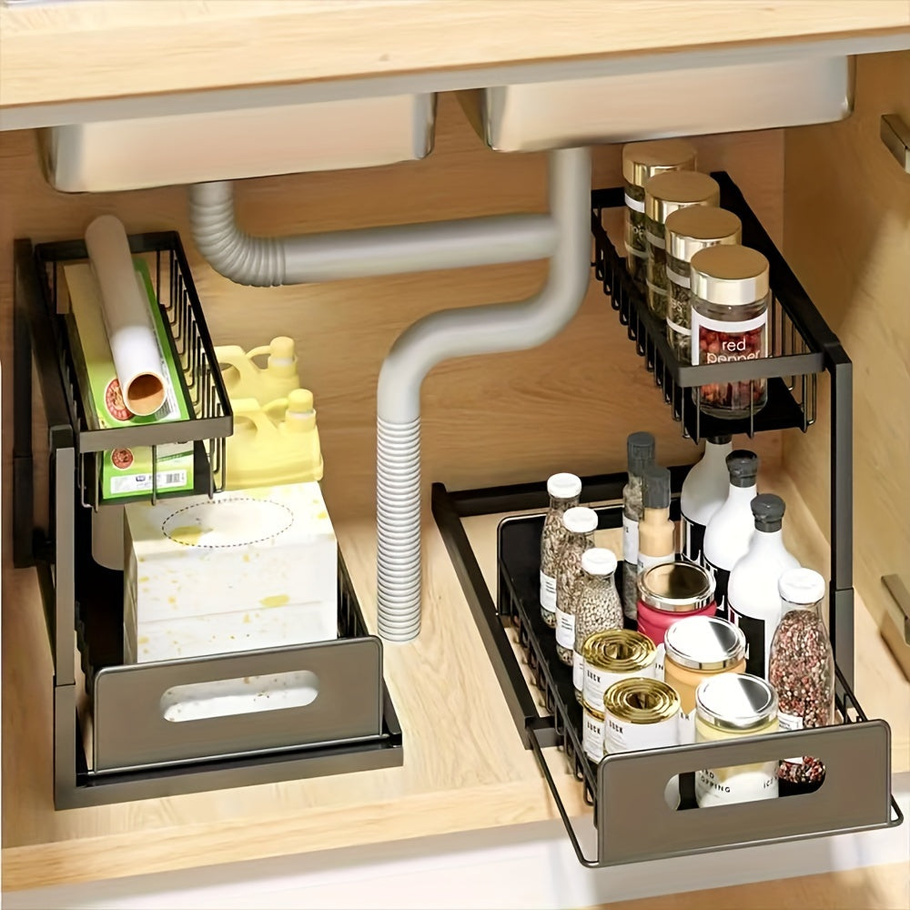 Two Level Under Sink Organizers With Sliding Pull Out Shelf Made Of Metal For Kitchen Bathroom Pantry And Closet