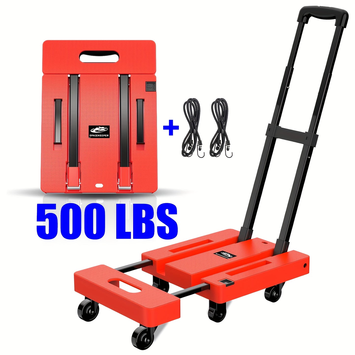 Solejazz Folding Hand Truck 500 Pounds Heavy Duty Luggage Cart With 6 Wheels And 2 Elastic Ropes Black