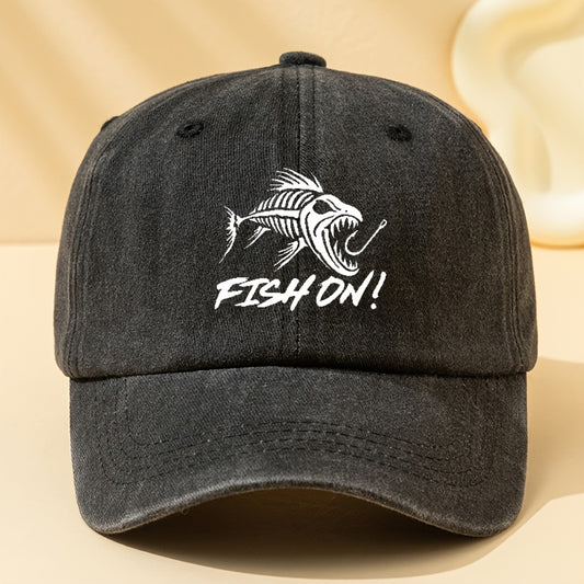 Mens Fishing Baseball Cap Vintage Washed Black Fish Graphic