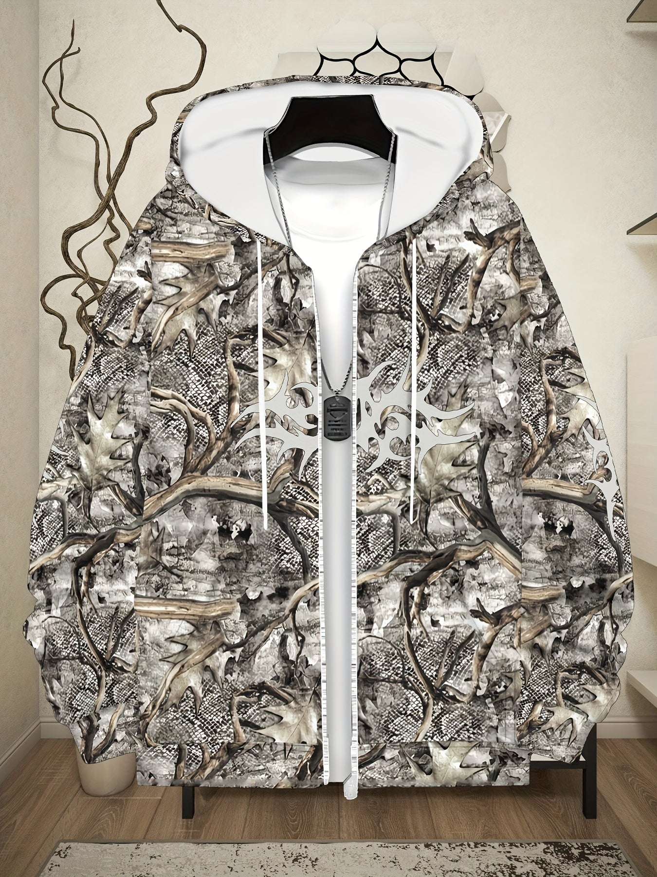 Stylish Men's Deer Antler Print Hooded Zip Up Winter Jacket