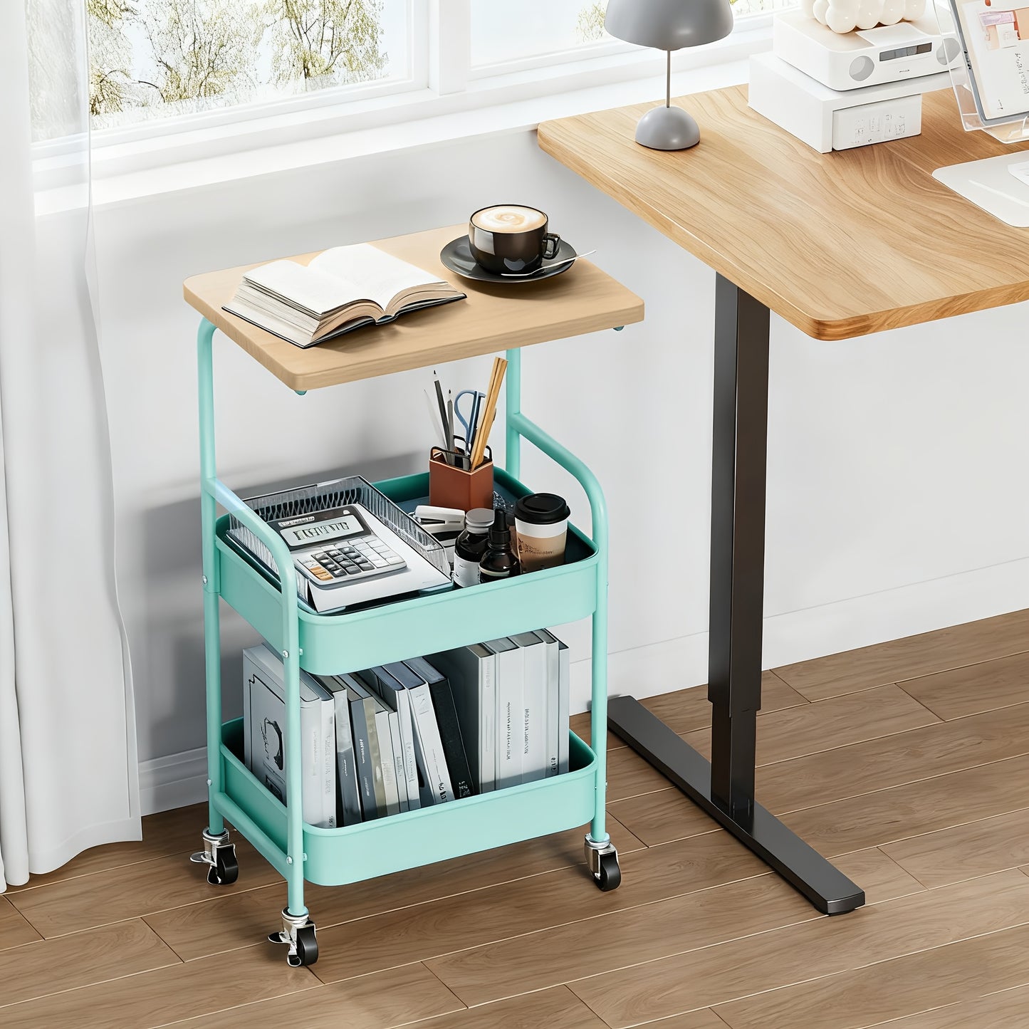 Rolling Cart With Wooden Table Top 3 Tier Metal Utility Cart Locking Wheels Printer Stand Kitchen Office Bedroom