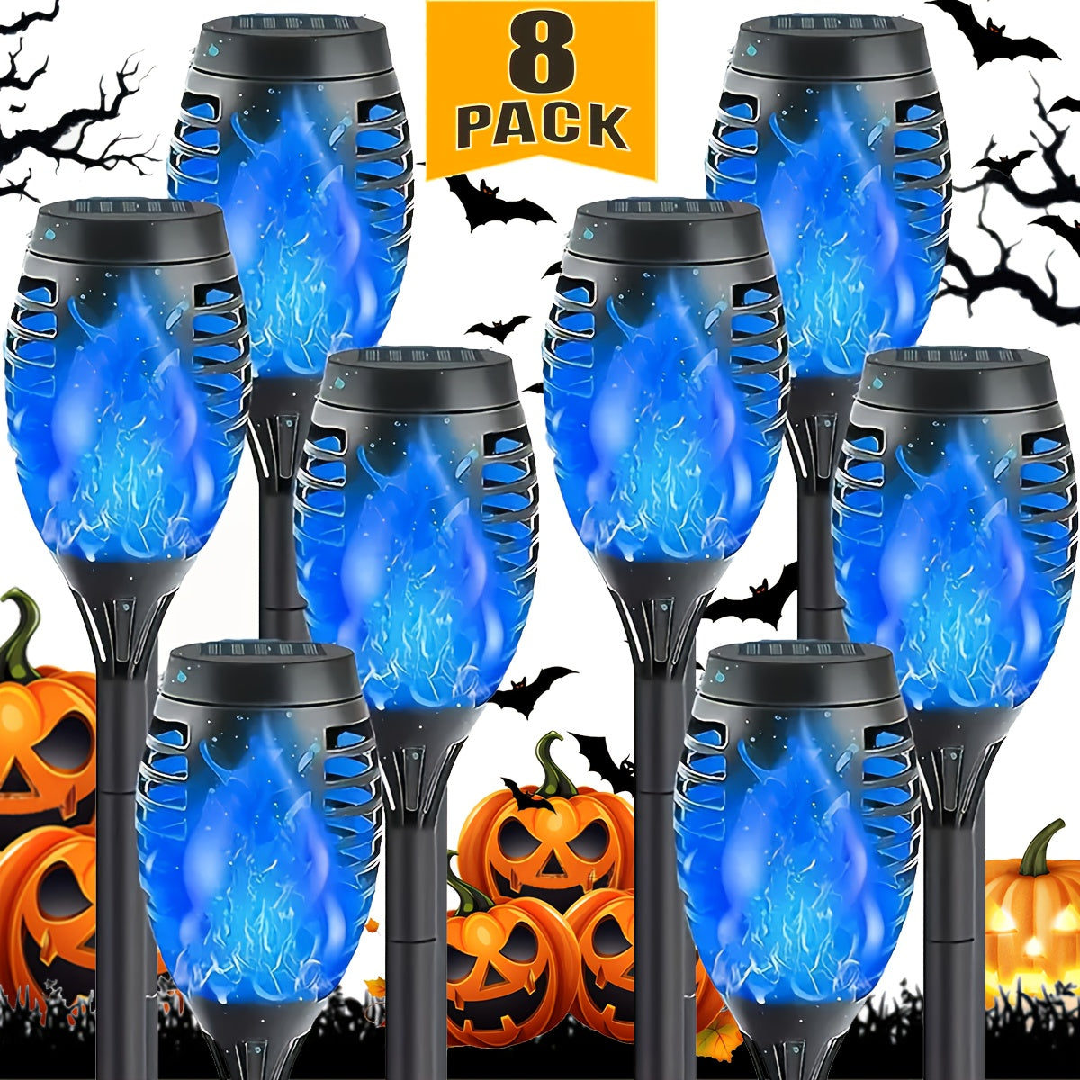 8 Pack Solar Torch Lights Outdoor Waterproof Flickering Flame Tiki Garden Pathway Realistic Fire Effect Auto On Off