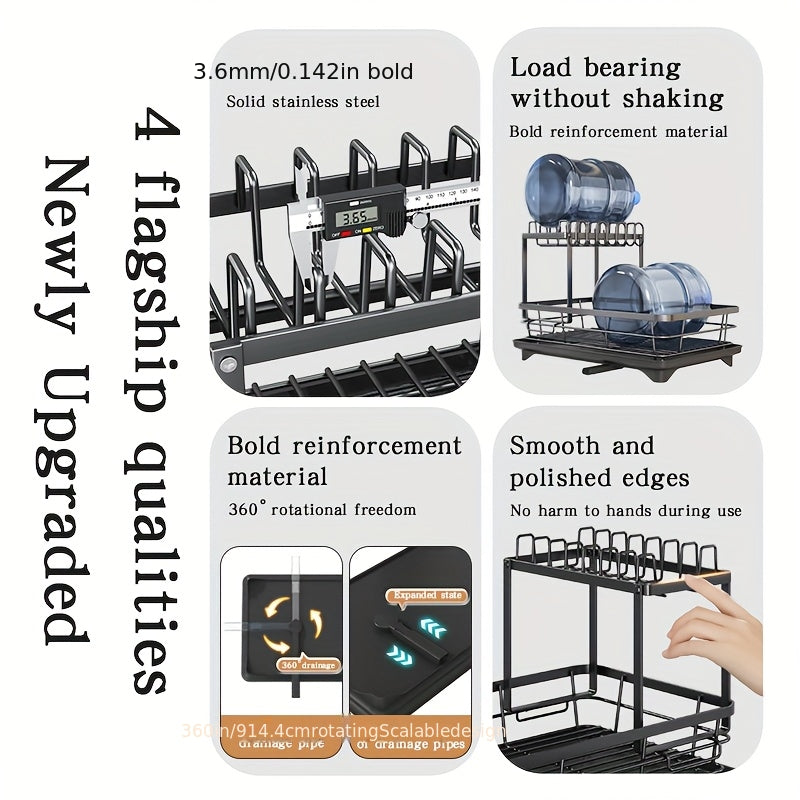 Double Tier Large Metal Cutlery Rack For Kitchen Space Saving Rustproof With Knife Fork Cup Holders And Draining Board