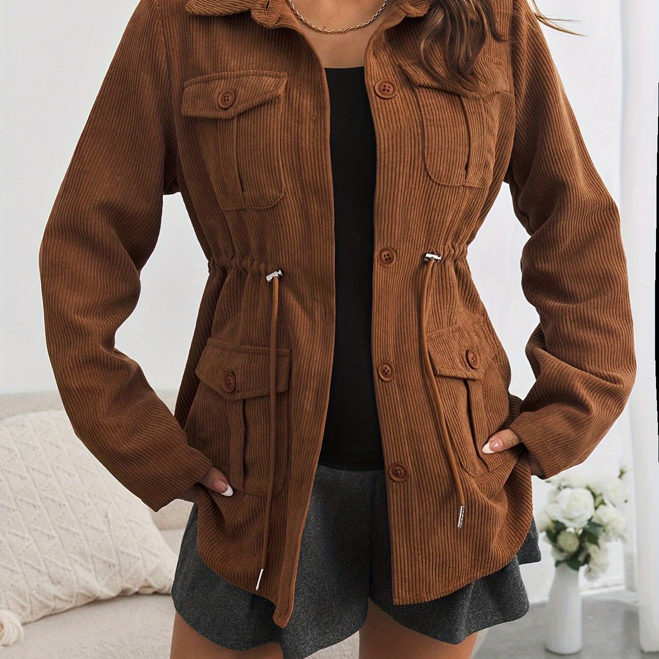 Solid Color Button Front Jacket Flap Pockets Spring Fall