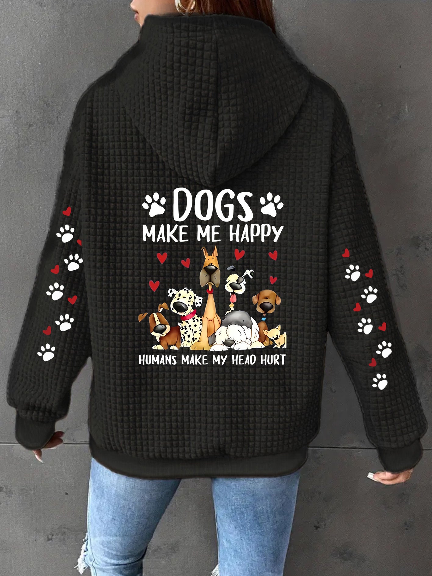 Women's Waffle Knit Zip Up Hoodie Dogs Make Me Happy Print