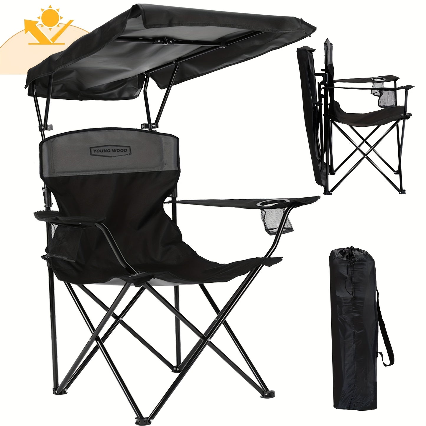 Outdoor Sunshade Chair With Adjustable Canopy And Armrests, Cup Holder, Foldable Storage Bag For Outdoor Use