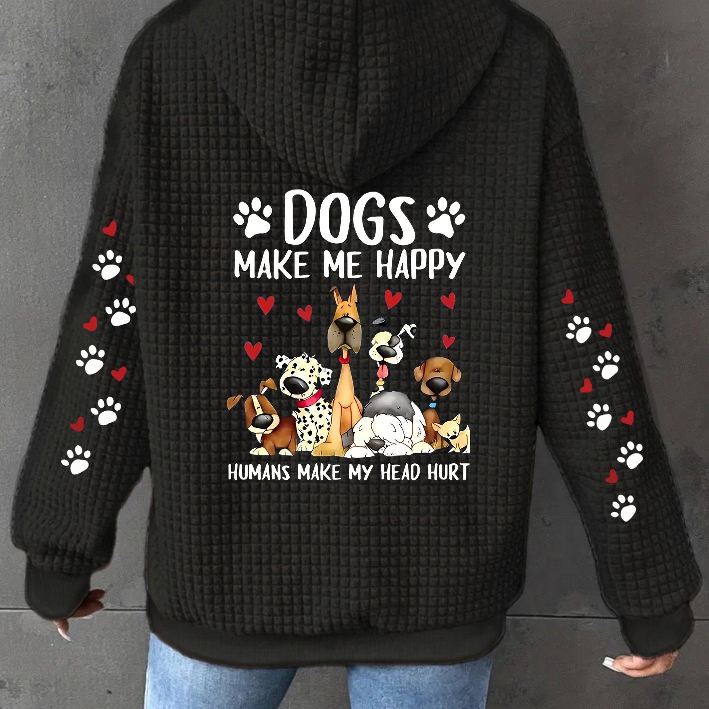 Women's Waffle Knit Zip Up Hoodie Dogs Make Me Happy Print