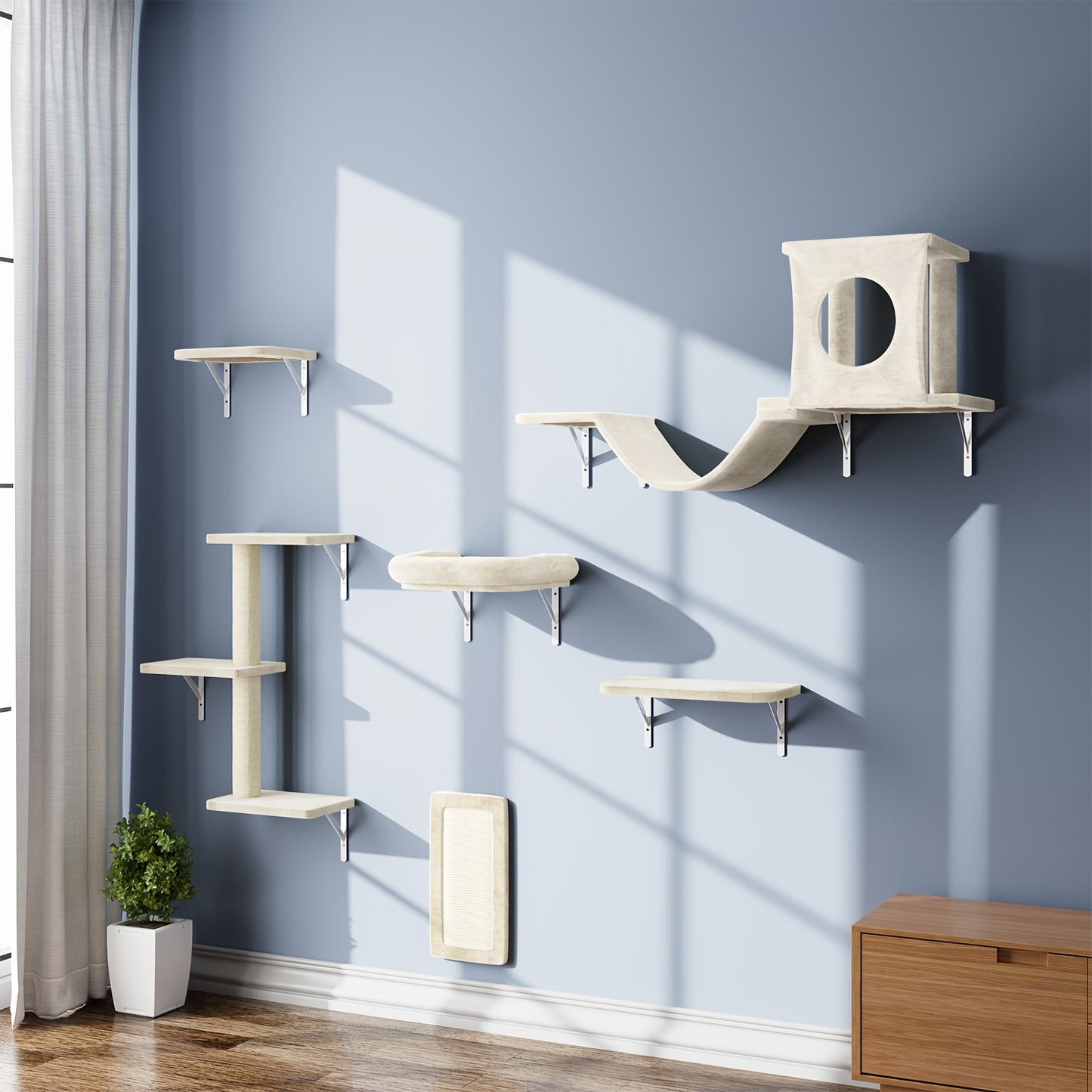 6 Pcs Deluxe Wall Mounted Cat Climbing Shelf Multi Level