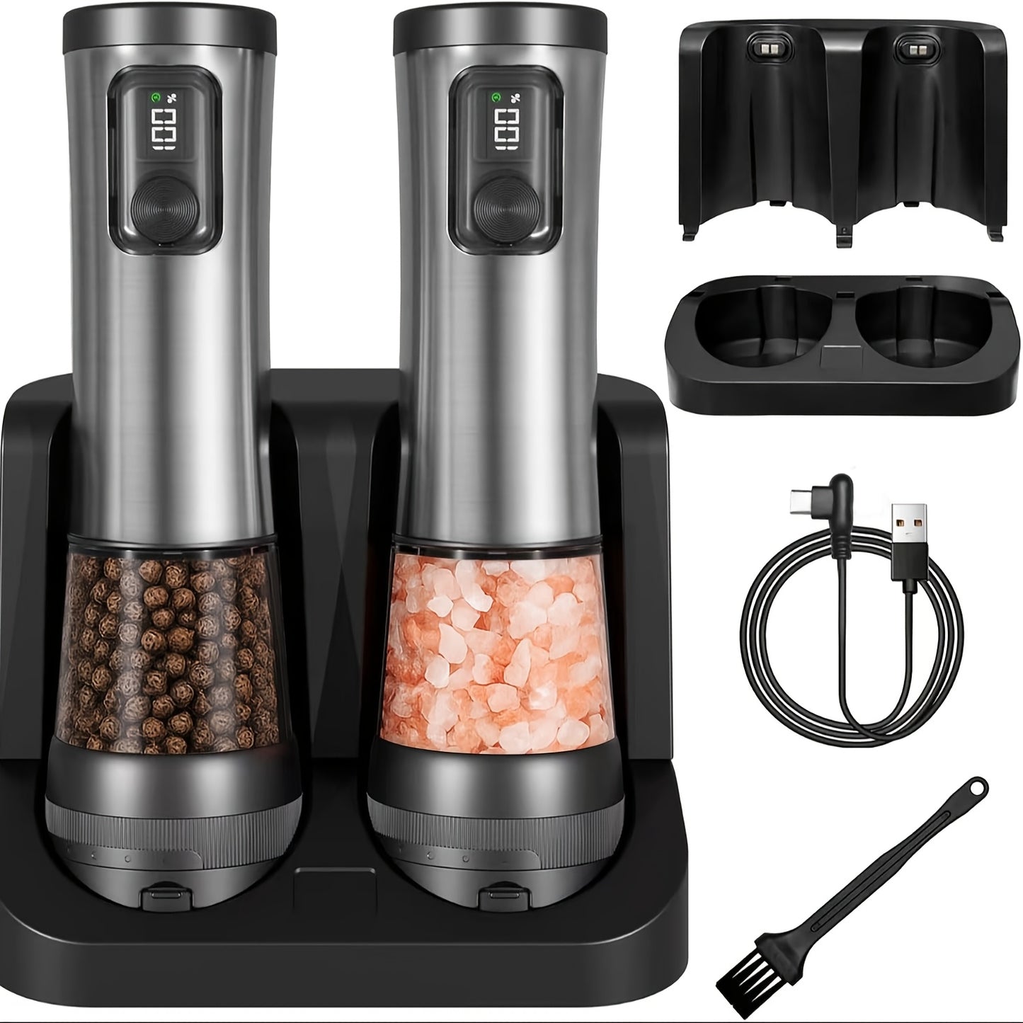 Rechargeable Salt And Pepper Grinder Set With Base USB Charging Adjustable Coarseness LED Display Extra Large Capacity