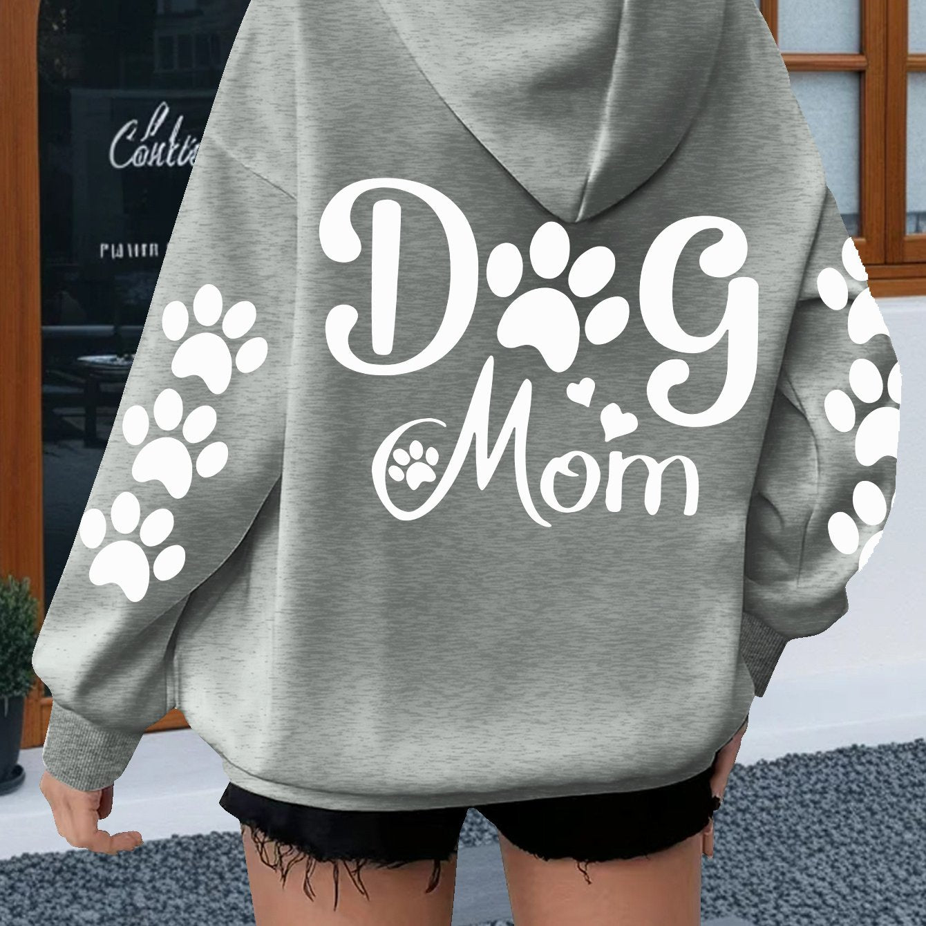 Women Dog Mom Hoodie With Paw Print And Bone Lettering