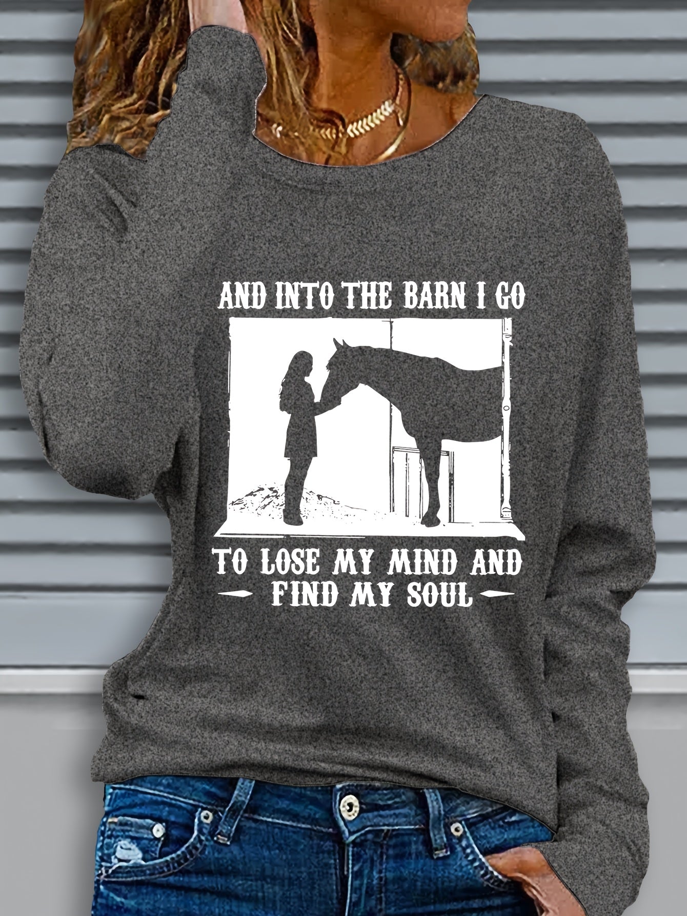 Women's Long Sleeve Crew Neck Graphic Print Horse Barn Top