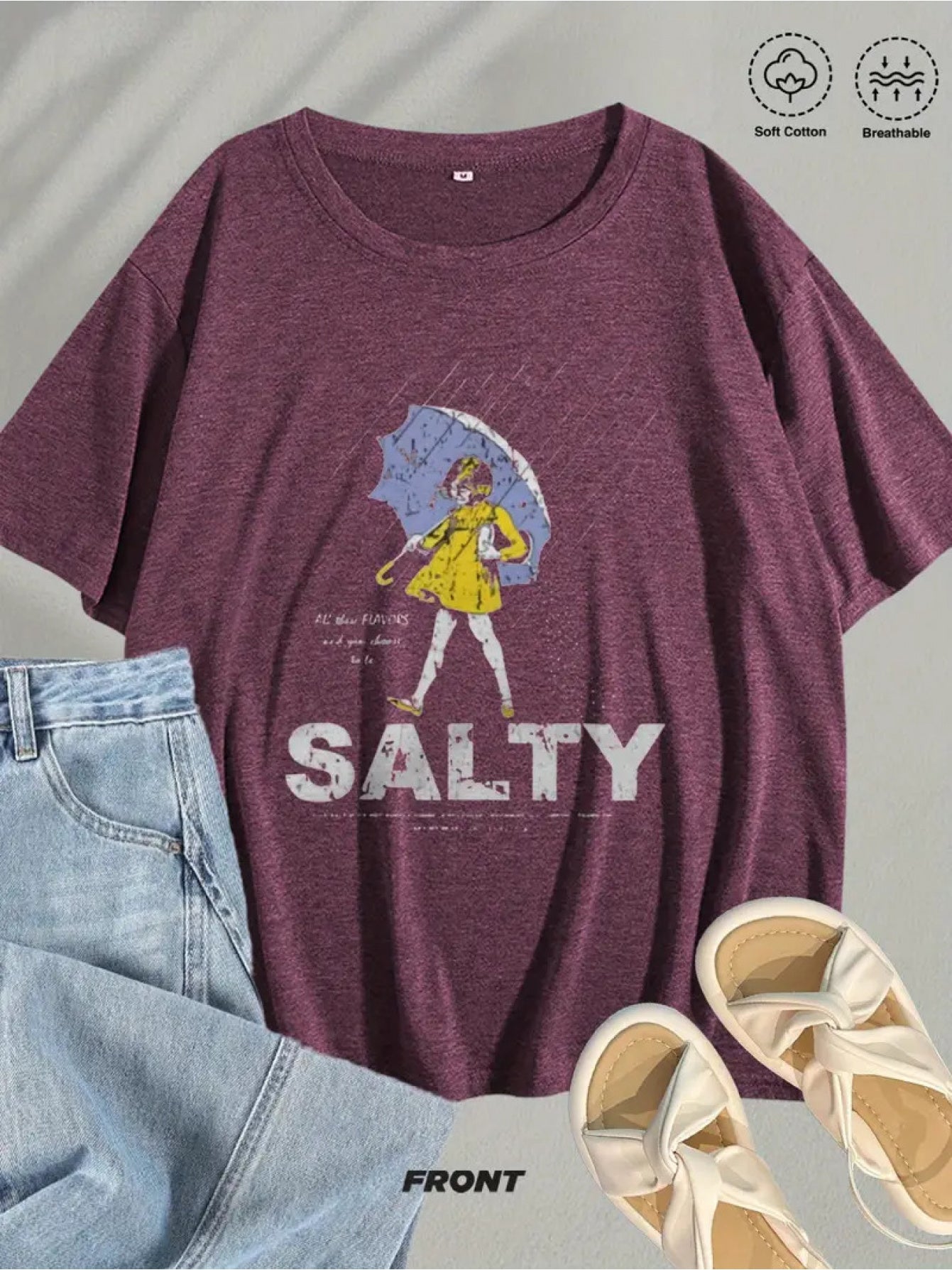 Women's Vintage Umbrella Sally Text Print Tee Round Neck