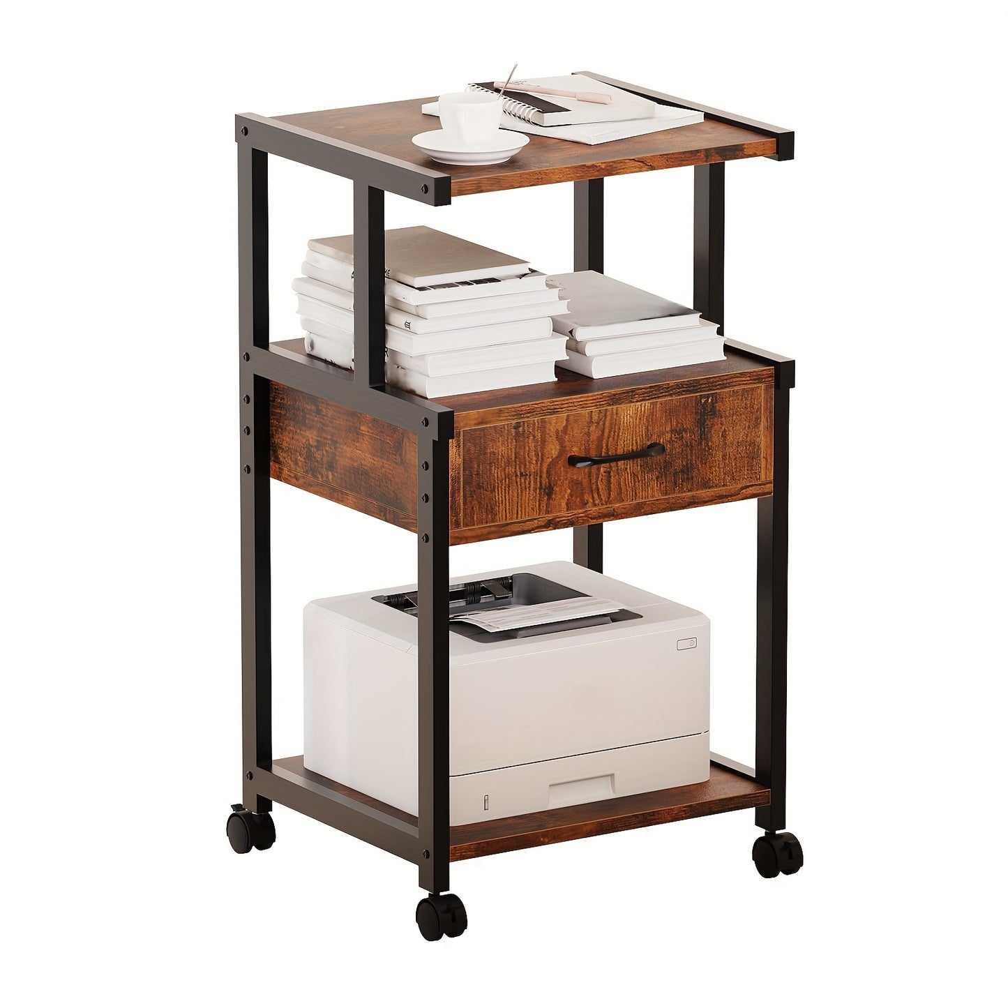Sturdy 3 Tier Rolling Printer Stand With Storage Drawer Recycled Wood And Metal Frame Mobile Printer Cart With Wheels