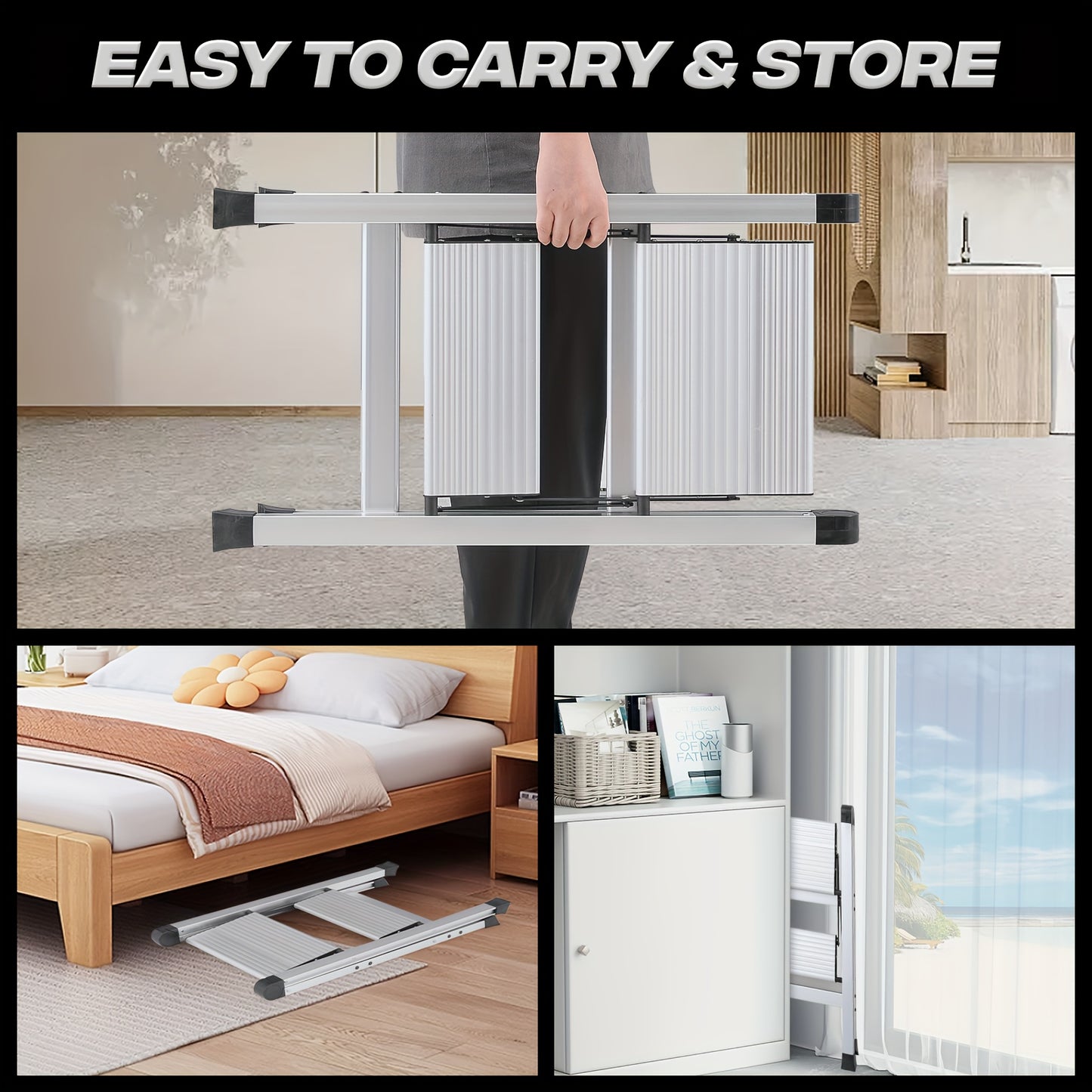 MoNiBloom Portable 2 Step Ladder Folding Stool Wide Platform Non Slip Feet 330 Lbs Capacity For Home Kitchen Silvery